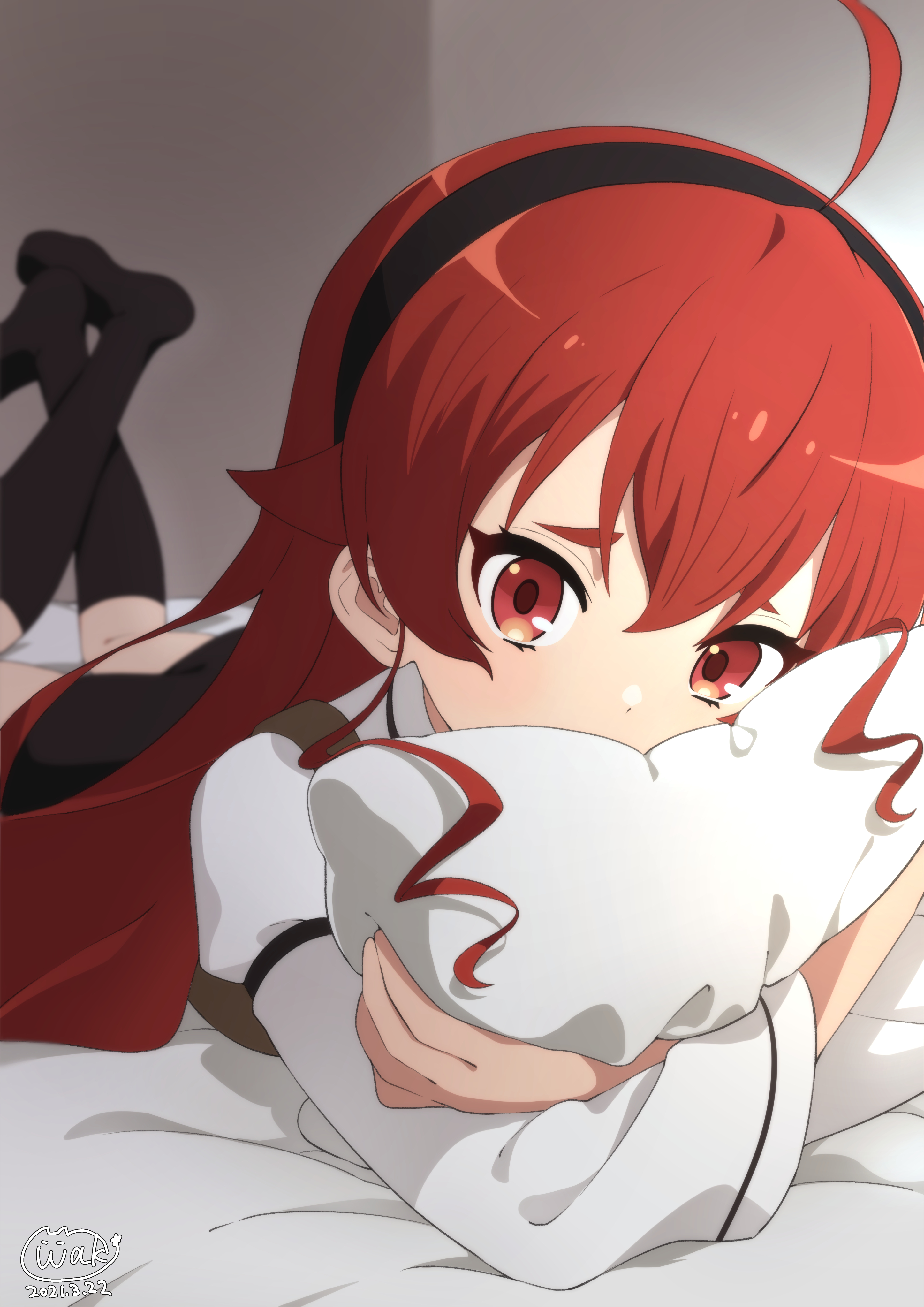 Anime 2894x4093 anime girls Eris Boreas Greyrat (Mushoku Tensei) Mushoku Tensei red eyes redhead pillow pillow hug lying on front