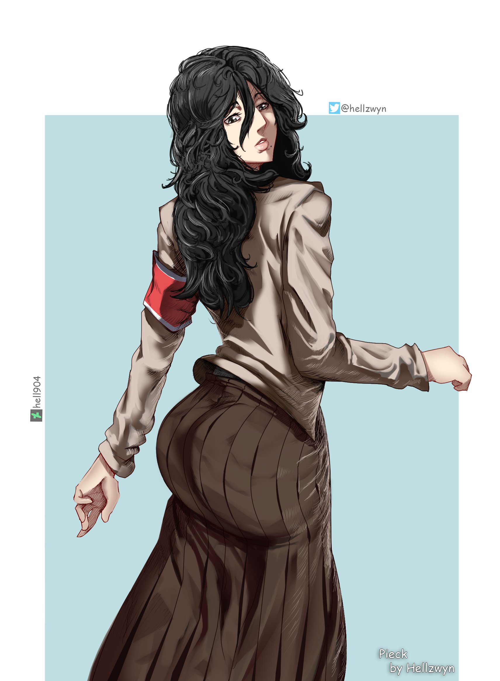 Anime 1712x2328 Shingeki no Kyojin rear view thick ass long skirt messy hair curly hair female soldier parted lips juicy lips looking back black eyes Pieck Finger anime girls black hair hair in face long hair wide hips portrait display anime 2D long sleeves pleated skirt curvy looking at viewer mole under mouth simple background standing fan art