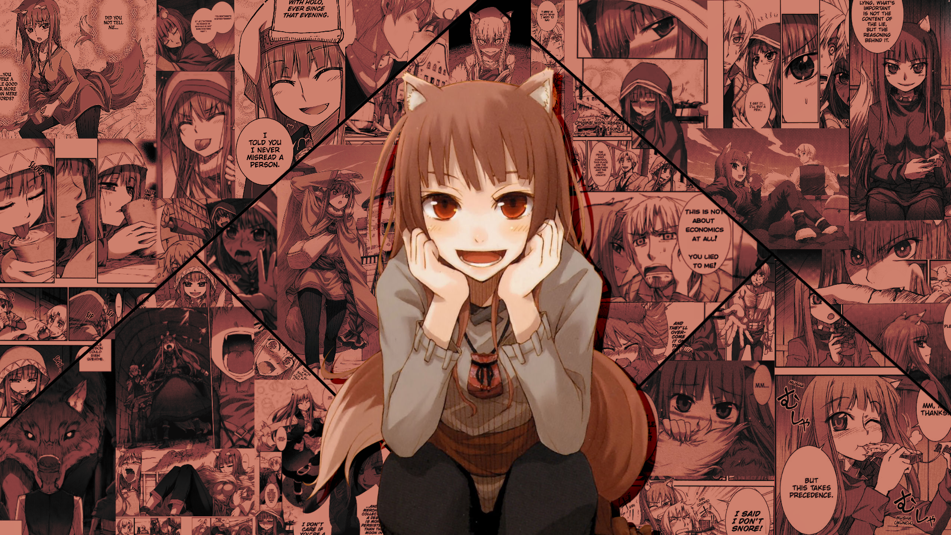 Anime 1920x1080 Spice and Wolf Holo (Spice and Wolf) Lawrence Kraft anime girls anime manga brunette red eyes wolf girls face