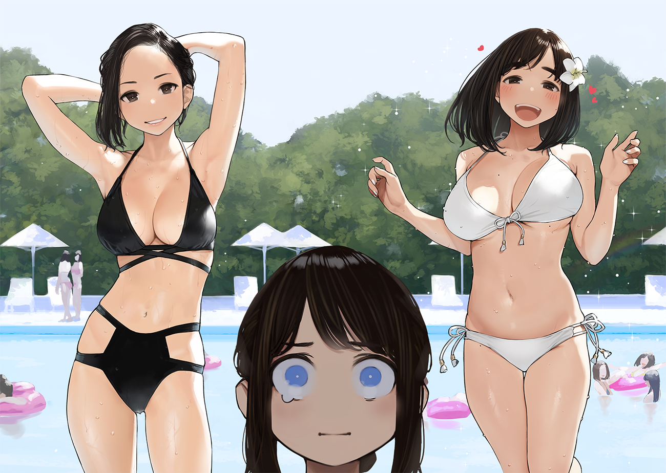 Anime 1300x924 anime anime girls original characters brunette yomu big boobs cleavage swimwear short hair bikini mole on breast Ganbare, Douki-chan