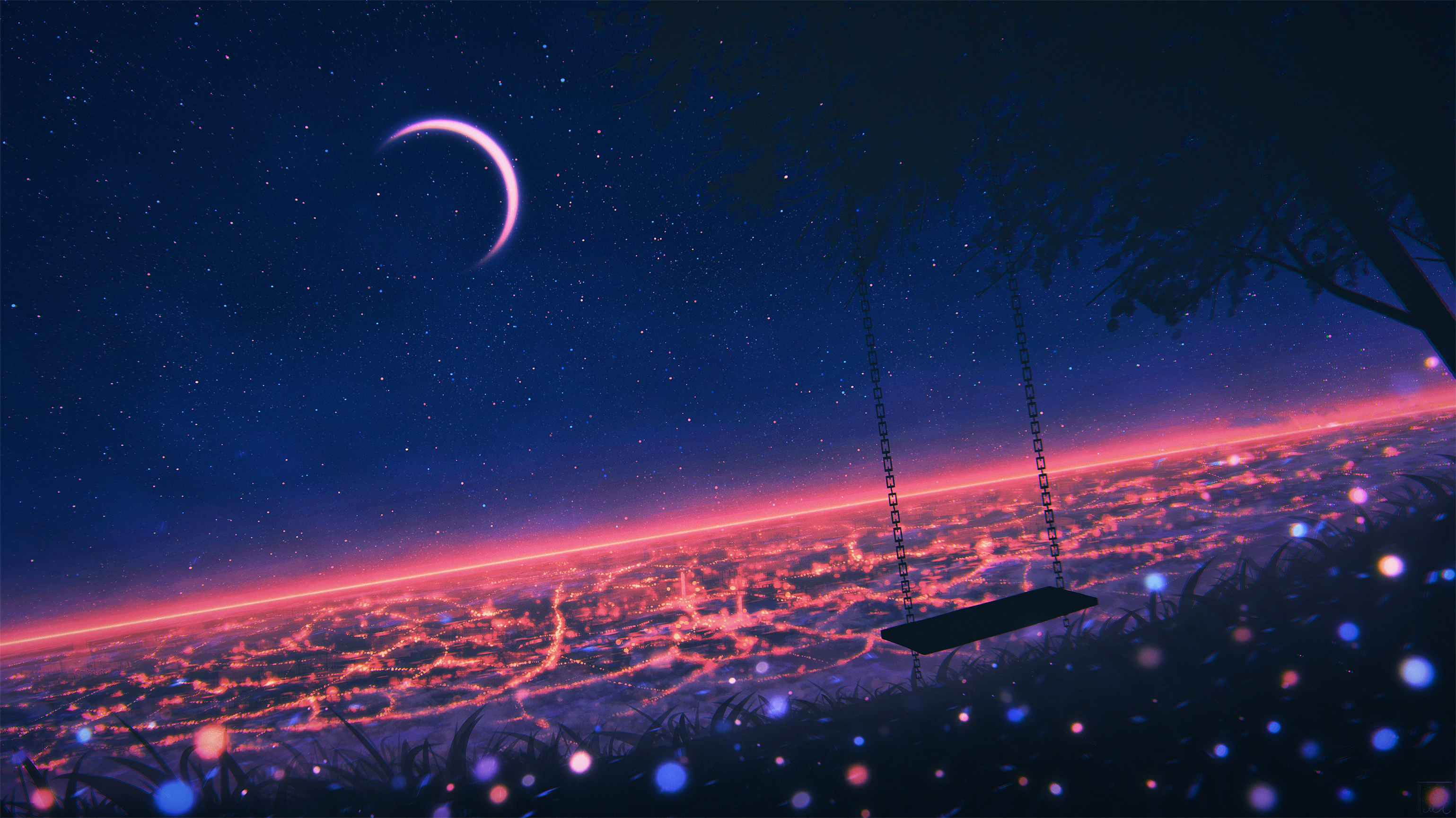 Anime 3078x1731 landscape artwork swings sky night Elizabeth Miloecute cityscape stars Moon