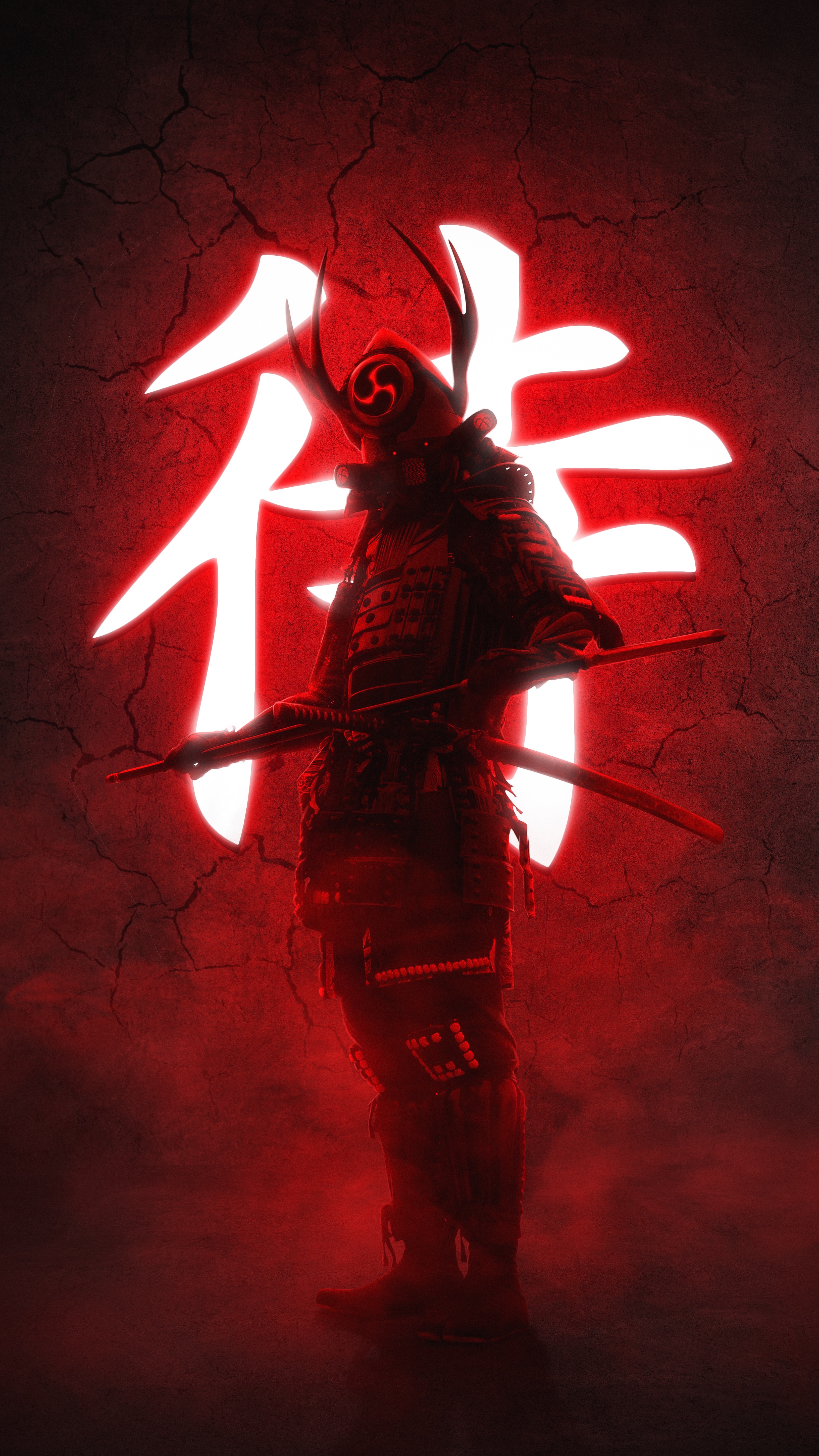 General 3260x5796 portrait display red background kanji typography samurai katana