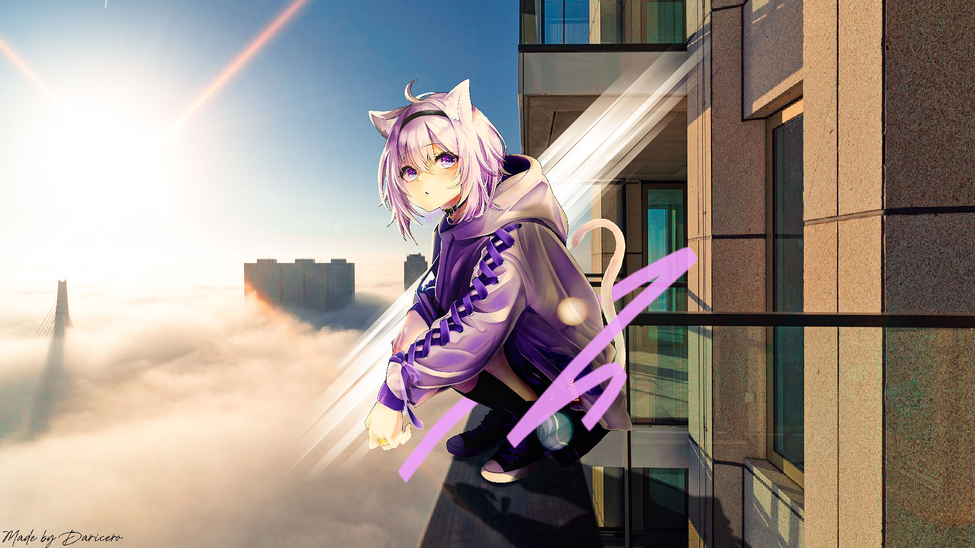 Anime 1920x1080 Nekomata Okayu Hololive cat girl skyscraper purple eyes anime girls cat ears cat tail