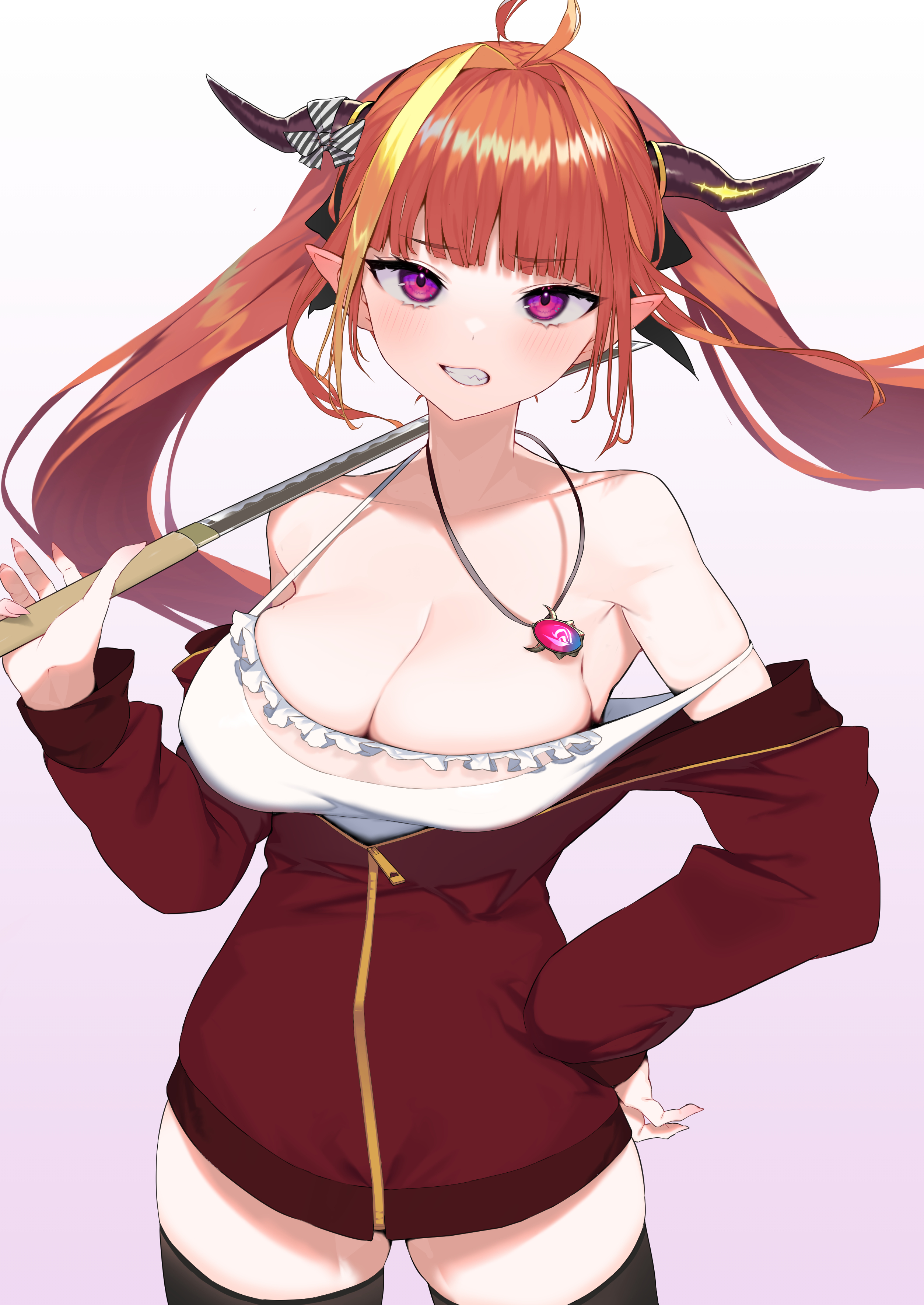 Anime 2508x3541 Hololive boobs Kiryuu Coco big boobs redhead cleavage horns pointy ears