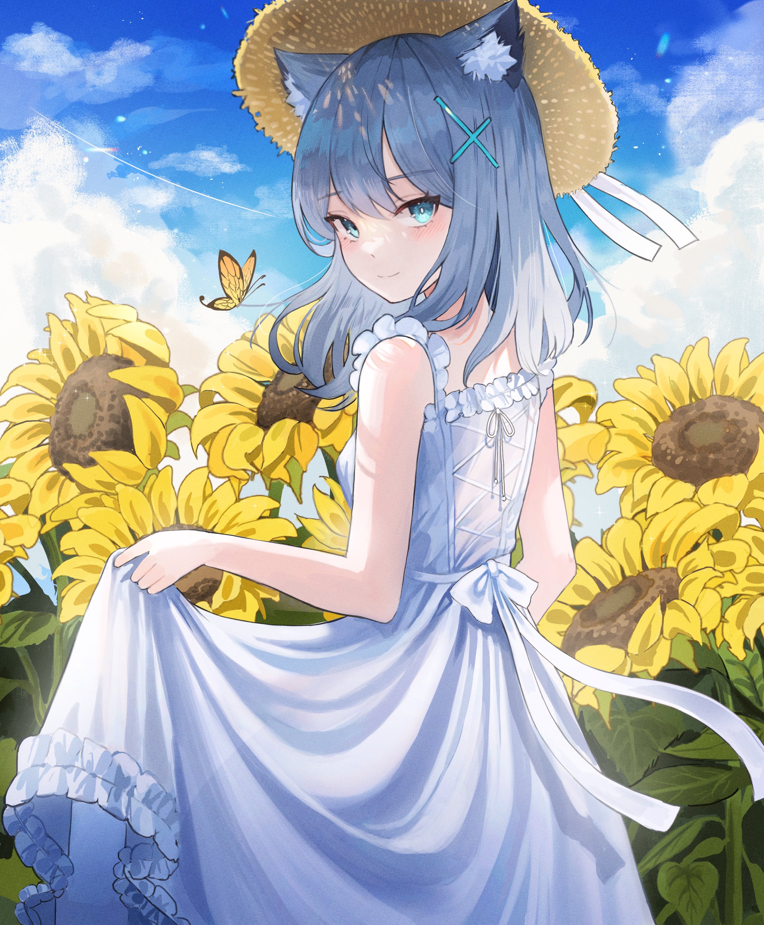 Anime 2482x3006 anime anime girls straw hat cat ears butterfly blue hair sunflowers