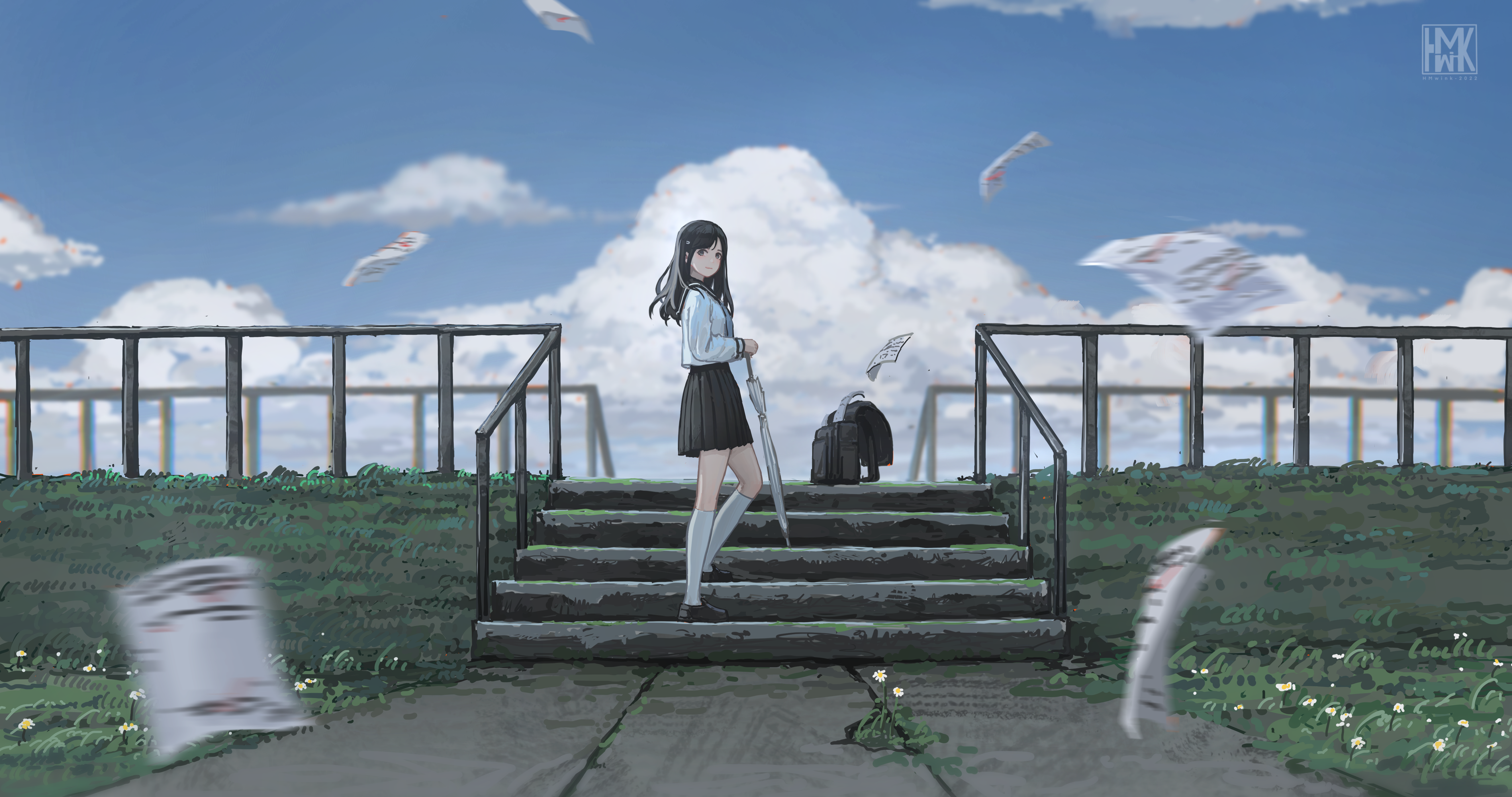 Anime 5308x2800 long hair black hair school uniform Hua Ming wink clouds clear sky umbrella steps pleated skirt white socks knee-highs anime girls