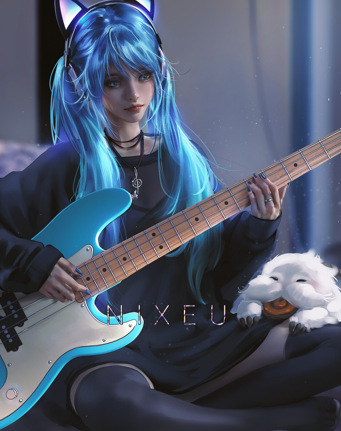 General 1109x1400 Nixeu drawing women Sona (League of Legends) blue hair blue eyes indoors bass guitars digital art