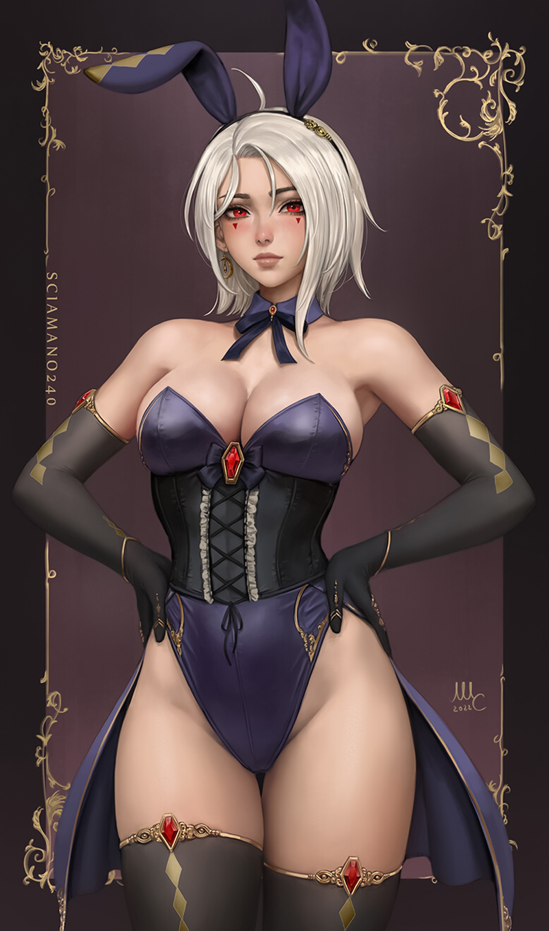General 800x1357 Mirco Cabbia drawing women original characters bunny ears silver hair red eyes looking at viewer bodysuit elbow gloves blue clothing frame boobs cleavage digital art portrait display 2022 (year)