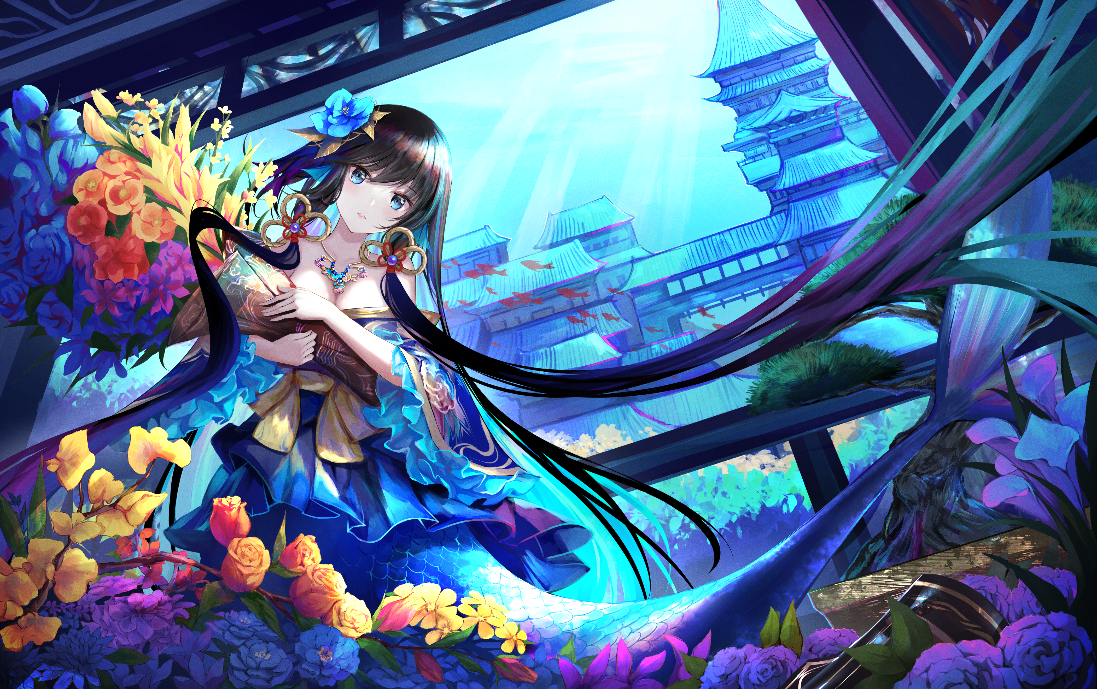 Anime 4200x2640 mermaids flowers underwater anime anime girls long hair dark hair blue eyes