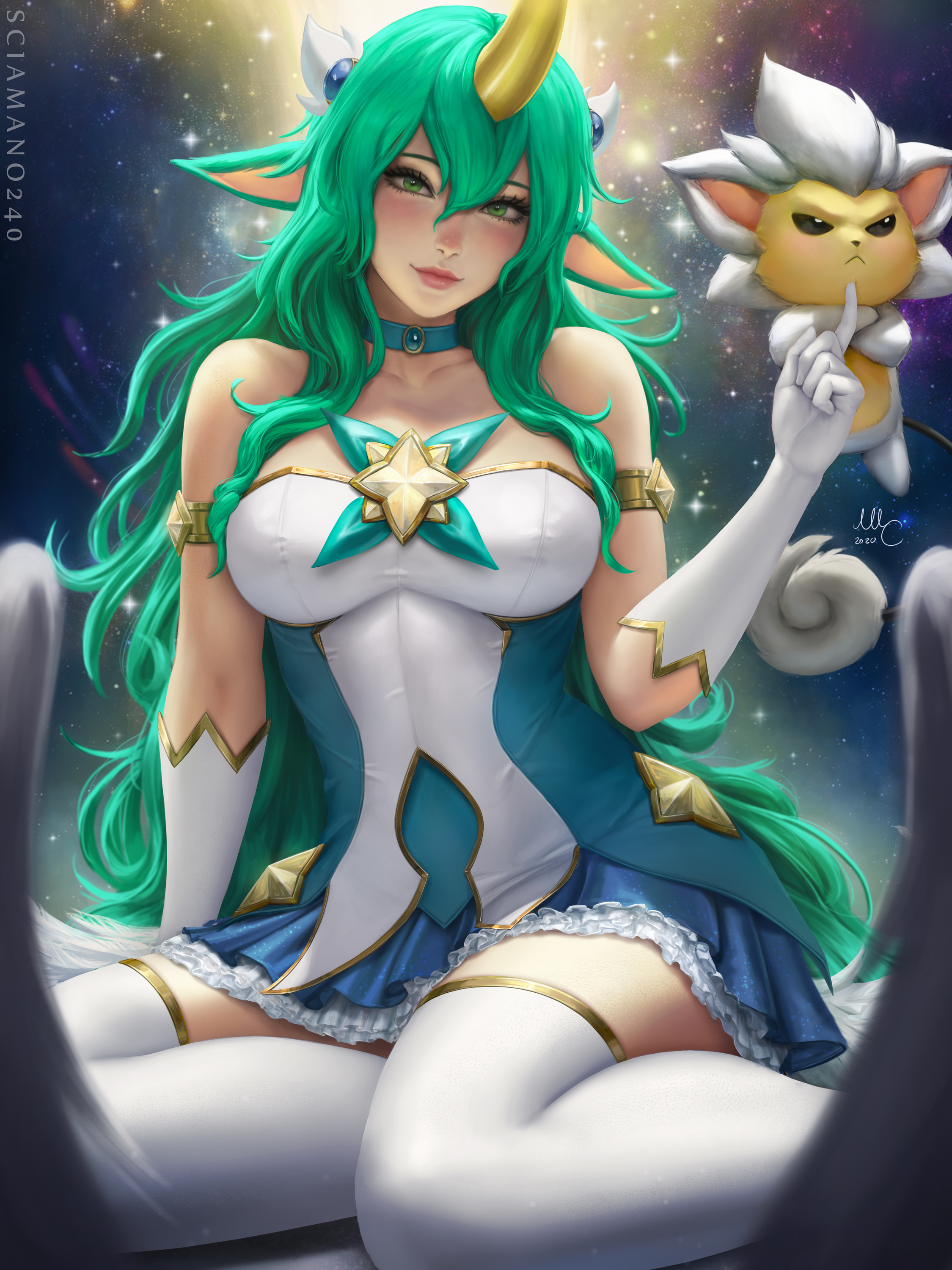 General 2250x3000 Mirco Cabbia drawing Soraka (League of Legends) green hair green eyes stars horns long hair wavy hair dress choker thigh-highs women pointy ears PC gaming video game characters video game girls stockings white stockings looking at viewer fantasy art fantasy girl gloves League of Legends watermarked