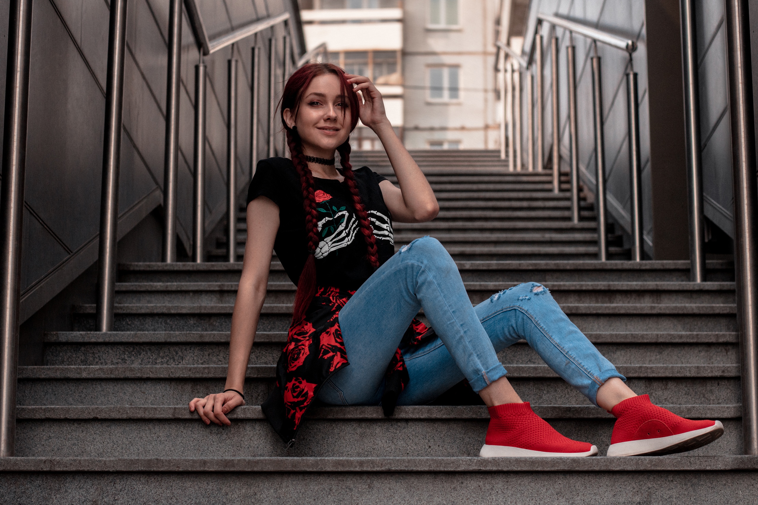 People 2560x1707 women model redhead public women outdoors stairs sitting jeans black t-shirt T-shirt jacket braids sneakers necklace smiling looking at viewer alt girls whole body low-angle