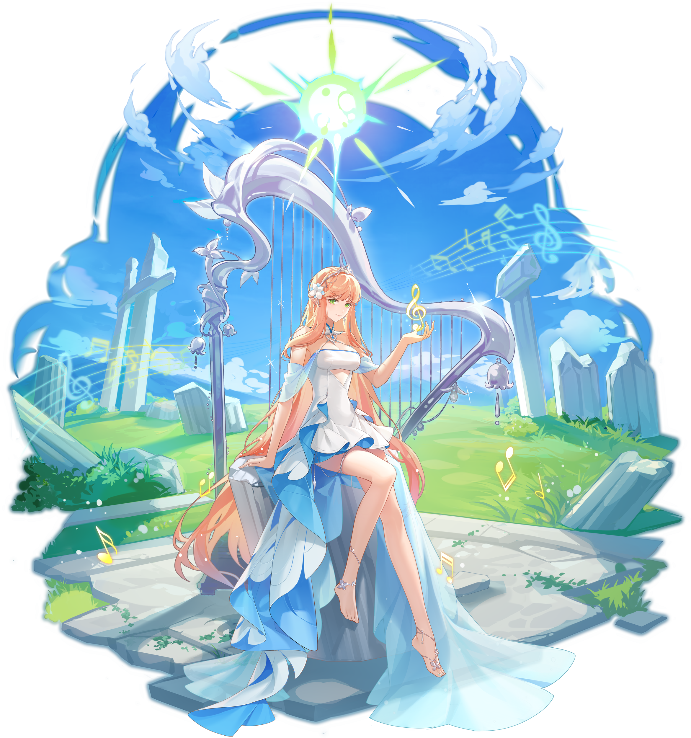 Anime 2341x2500 Aura star boobs video game characters harp notes musical instrument