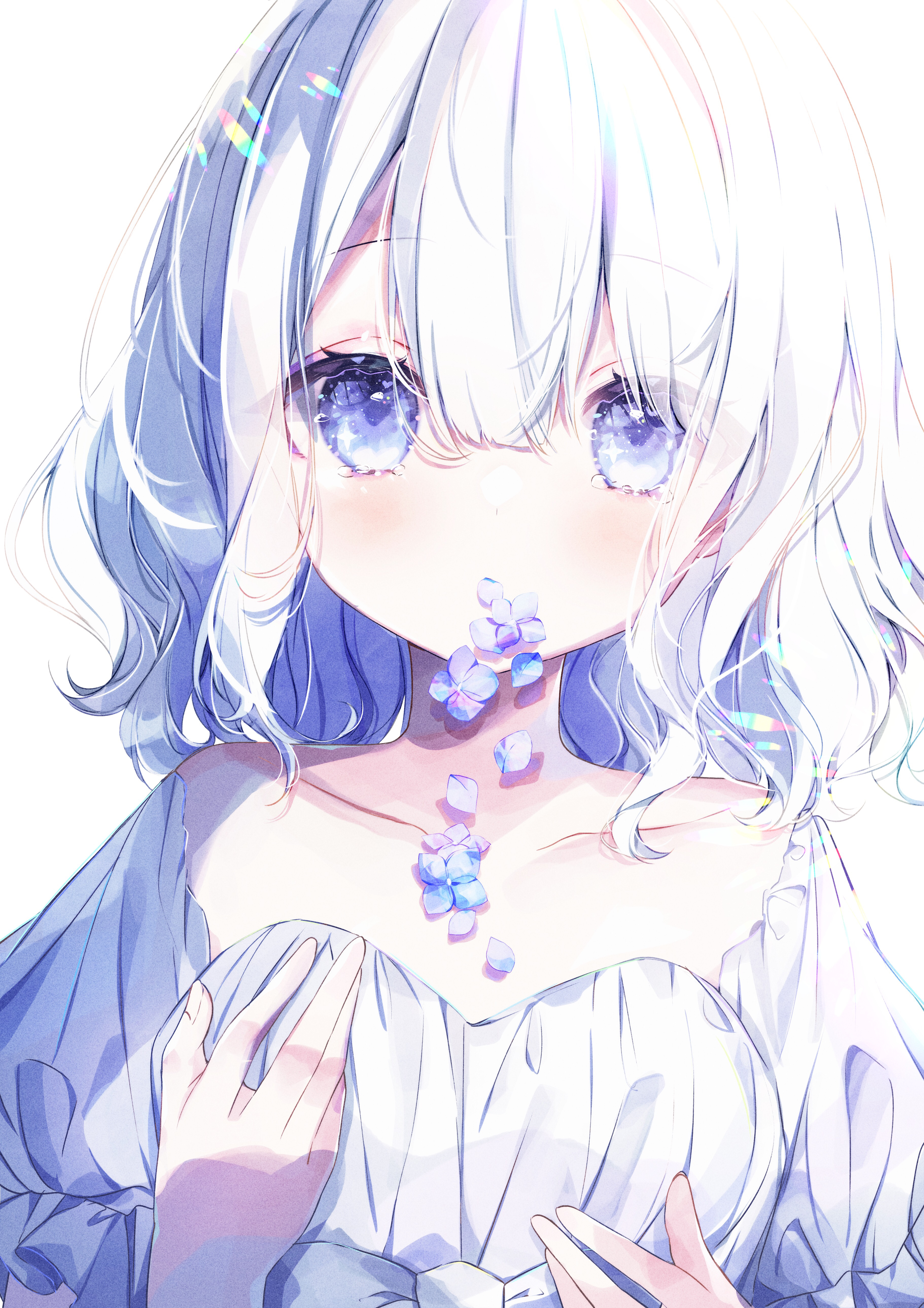 Anime 3643x5159 Kotamun original characters anime girls blue eyes white hair petals