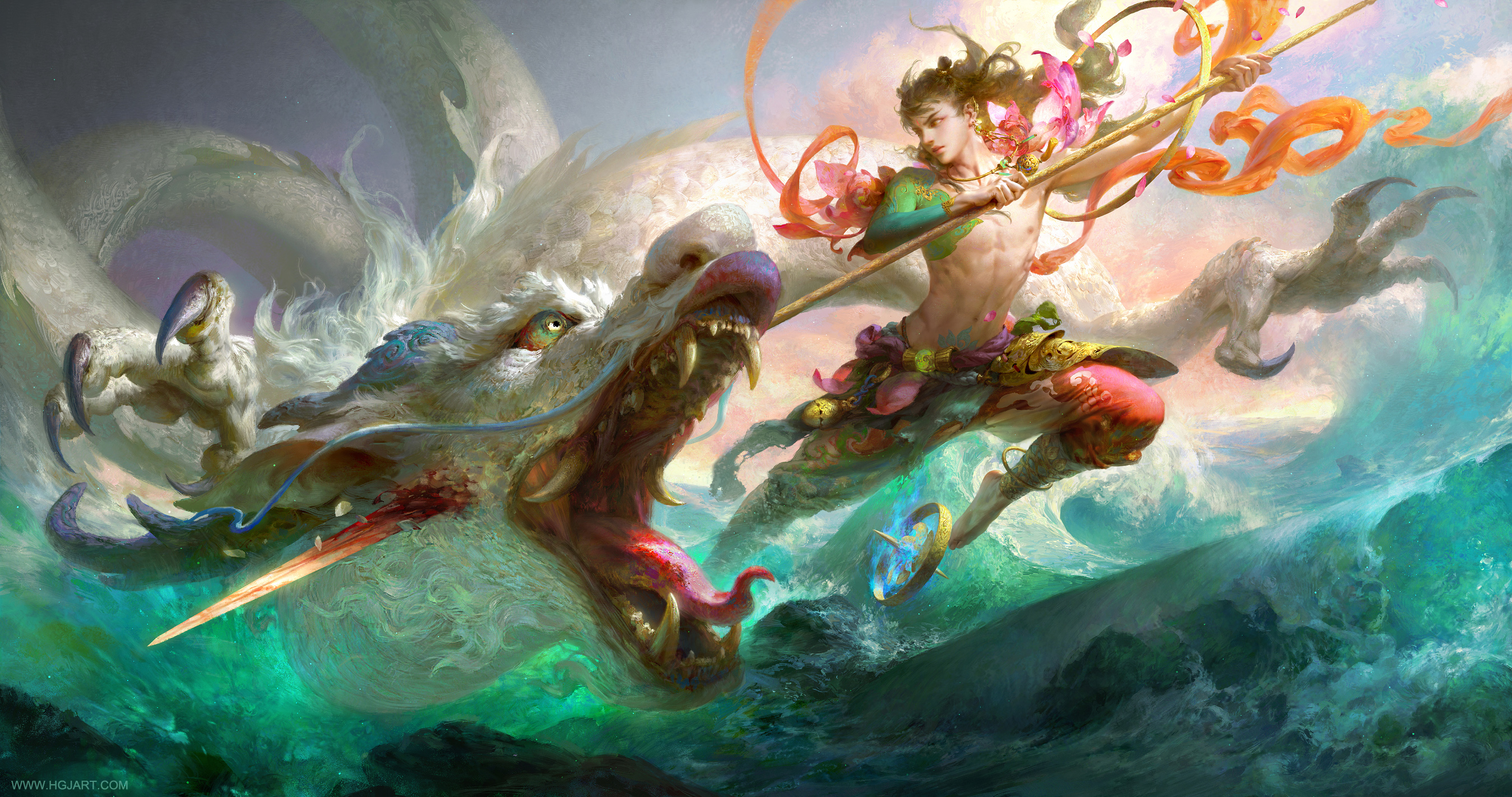 Anime 2698x1422 Nezha dragon ocean battle artwork Huang Guangjian