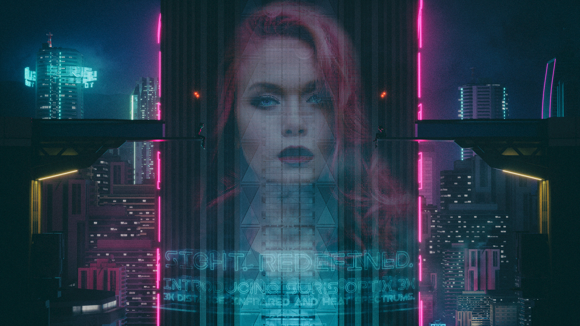 General 1920x1080 David Legnon cityscape cyberpunk night neon building skyscraper advertisements pink hair portrait fantasy girl