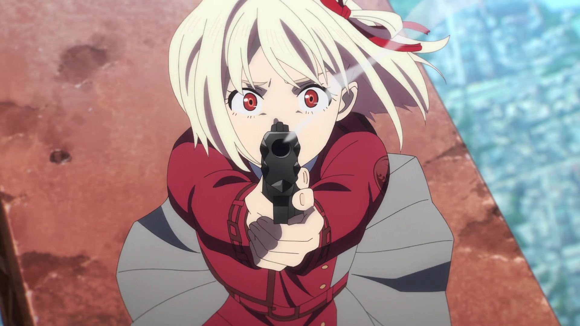 Anime 1920x1080 anime anime girls Anime screenshot Lycoris Recoil short hair blonde solo digital art gun girls with guns Nishikigi Chisato at gunpoint