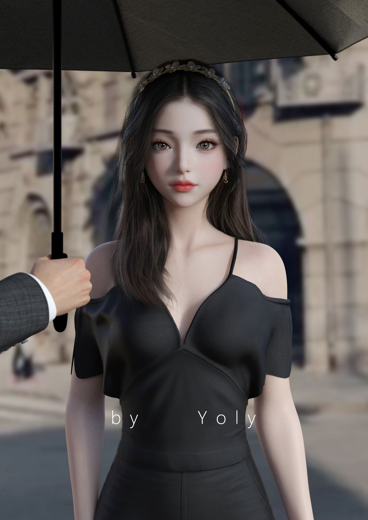 General 1500x2121 CGI digital art Asian Yoly women long hair black hair skirt umbrella dress