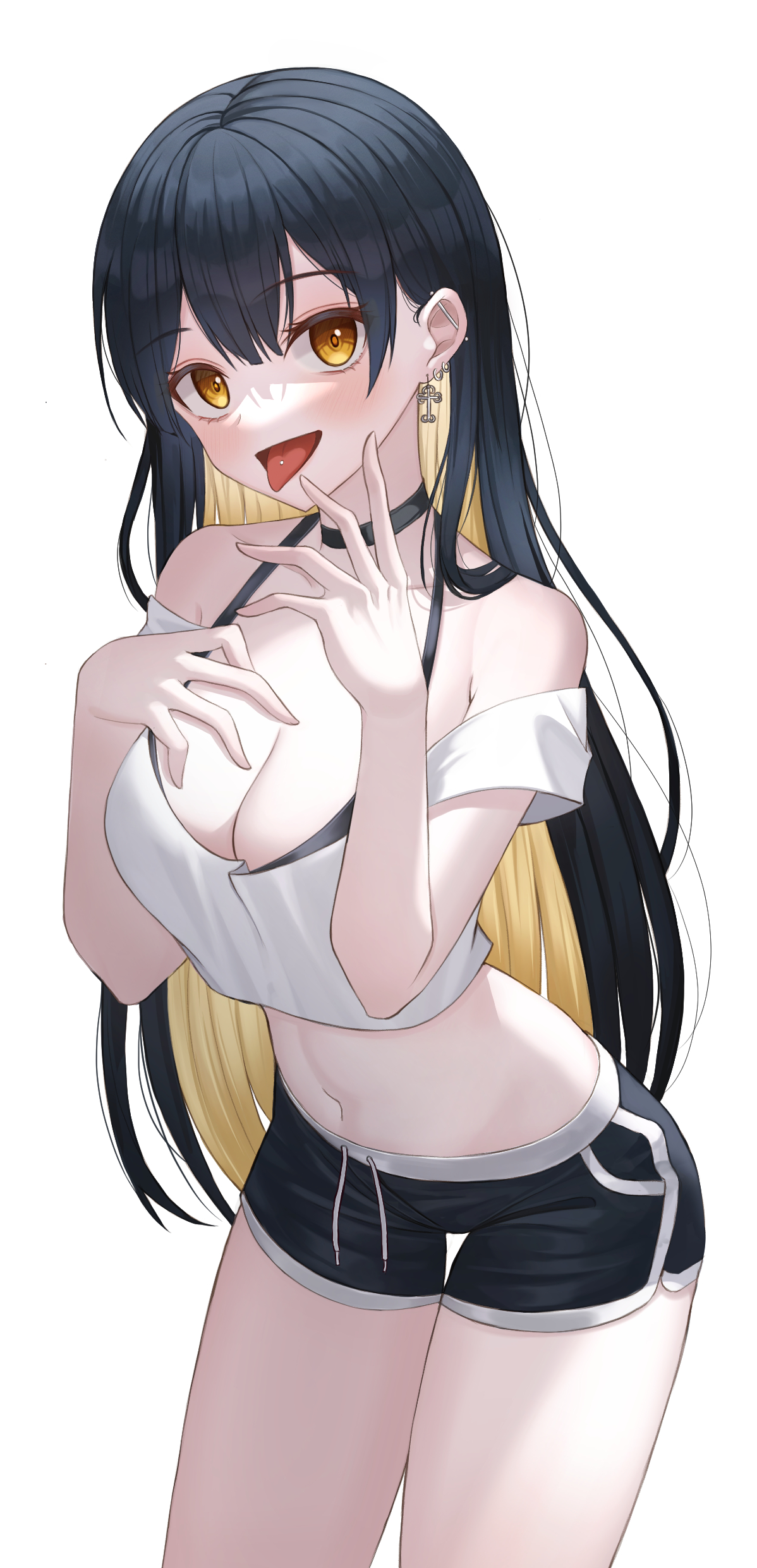 Anime 1198x2482 anime anime girls digital art artwork portrait portrait display Dolphin shorts short shorts belly belly button tongue out petite looking at viewer 2D simple background earring white background blushing two tone hair cleavage choker pierced tongue big boobs yellow eyes minimalism tongues