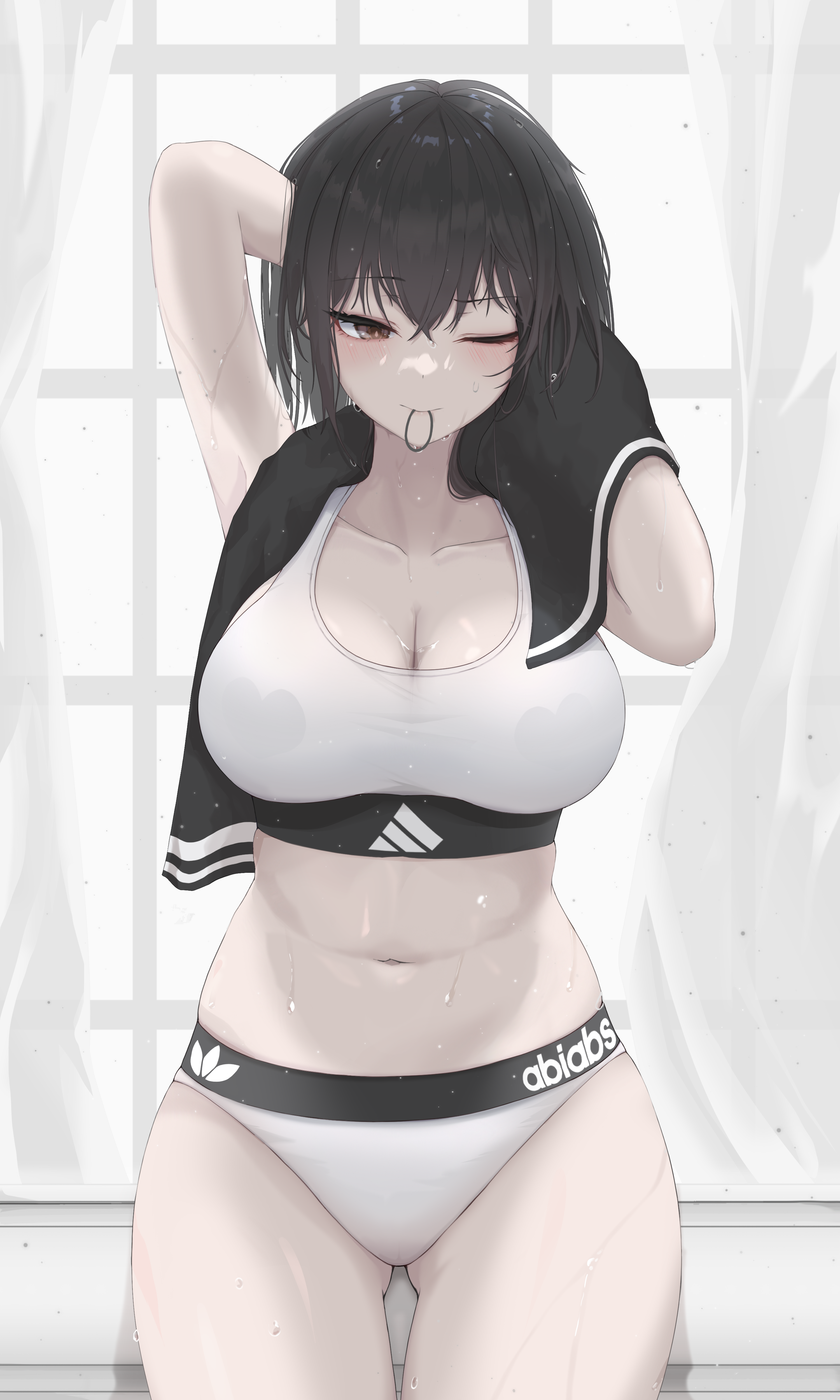Anime 3000x5000 Gwan-E anime girls dark hair arms up big boobs sports bra white bra white underwear cleavage belly