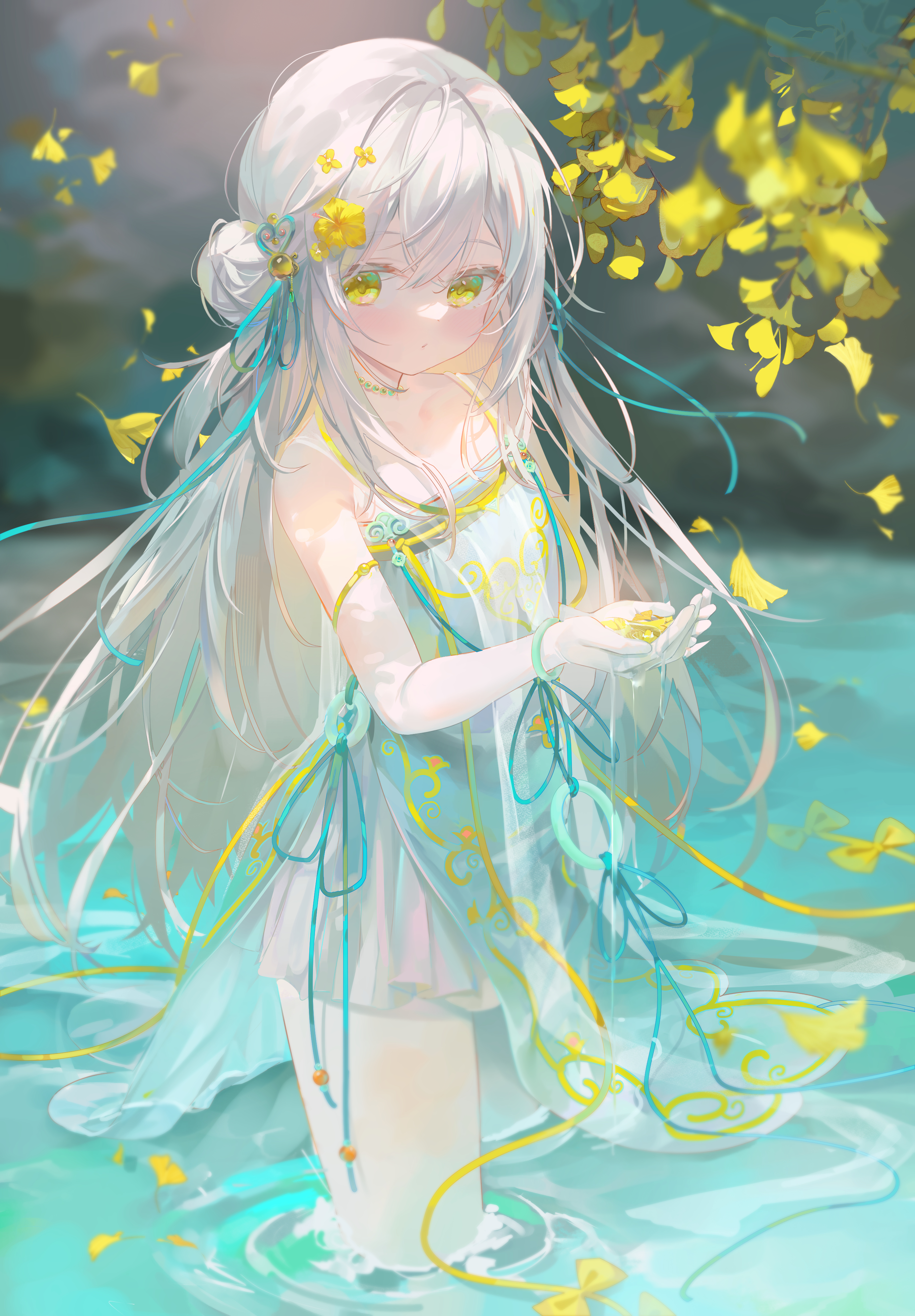 Anime 2760x3969 anime girls white hair water in water leaves yellow eyes in bed