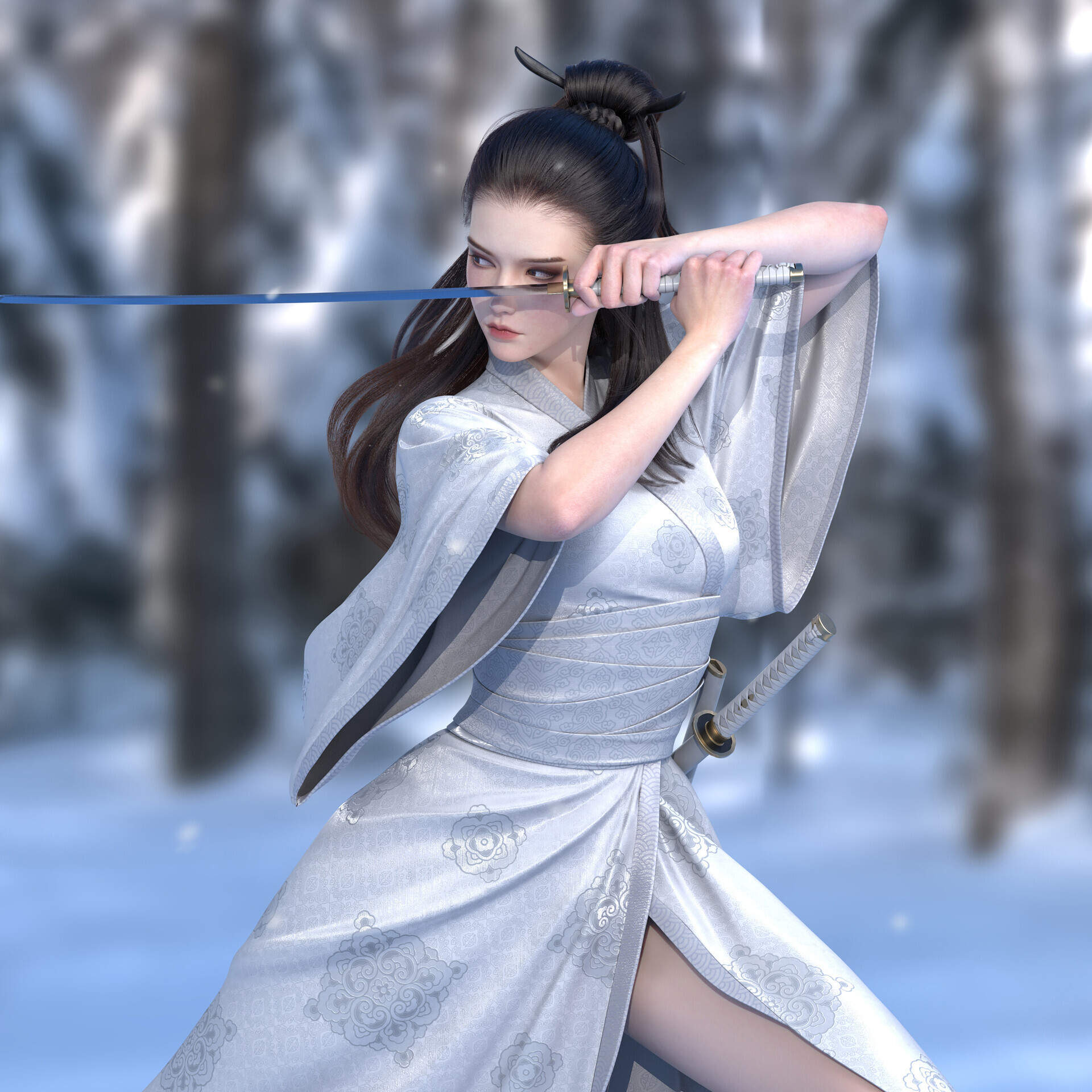 General 1920x1920 digital art artwork illustration CGI sword women with swords women kimono snow white dark hair character design 