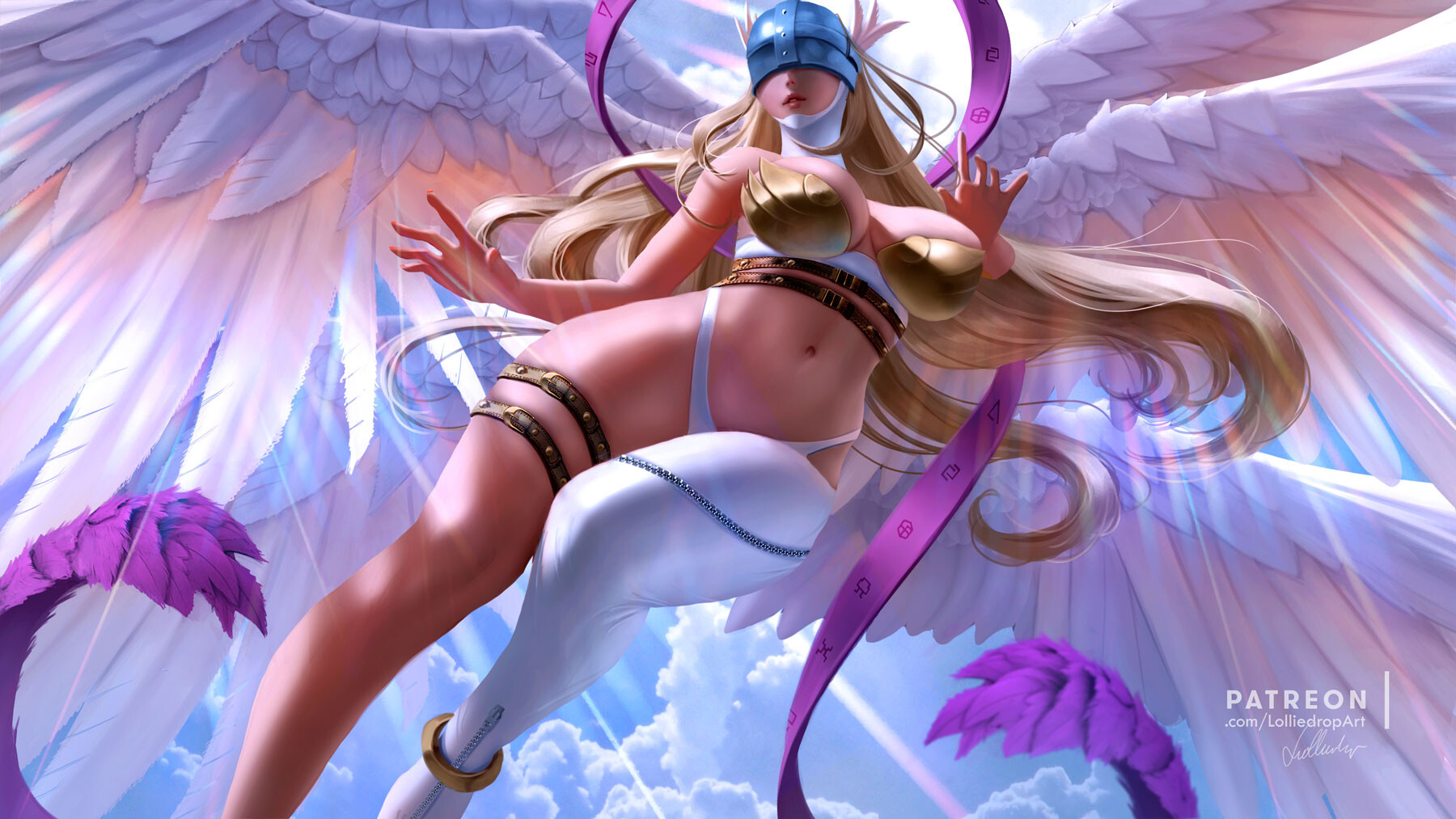 Anime 1800x1013 anime girls anime girl with wings angewomon Digimon thighs curvy lolliedrop artwork wings skimpy clothes