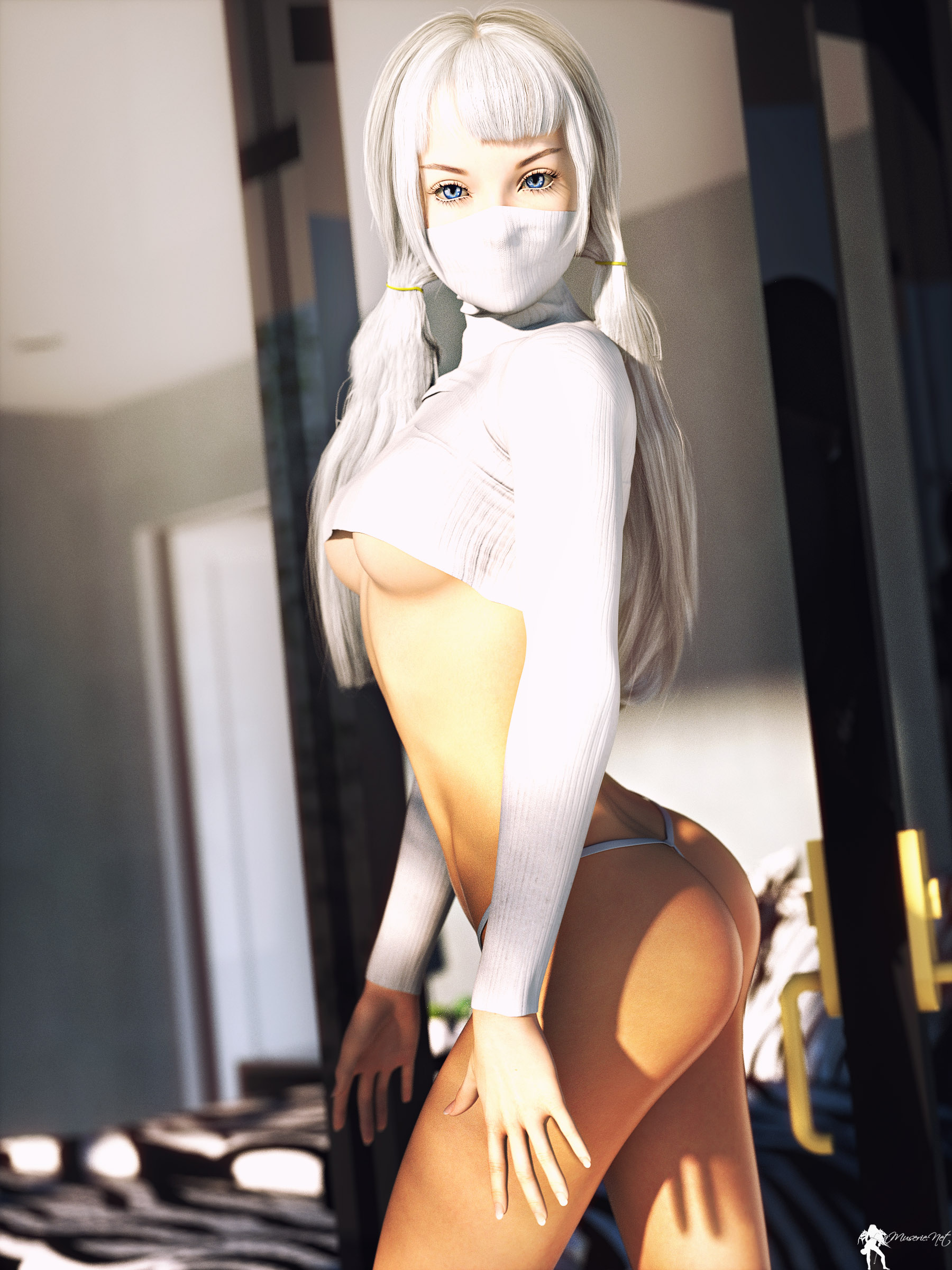 General 1800x2400 LaMuserie CGI women silver hair long hair twintails turtlenecks white clothing underboob lingerie panties ass shadow indoors blue eyes covered face mask
