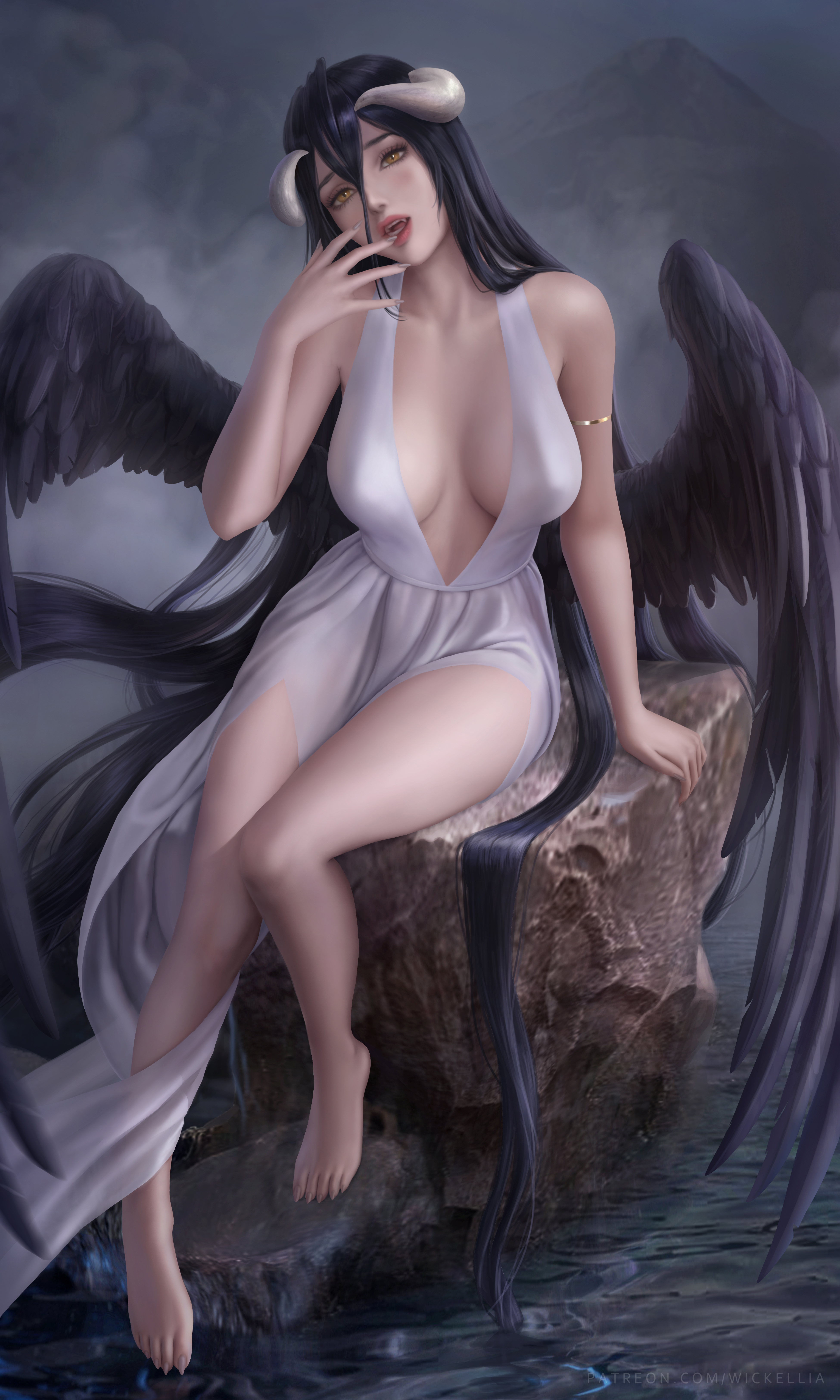 Anime 3900x6500 Albedo (OverLord) Overlord (anime) anime anime girls portrait display sitting fantasy girl succubus horns black hair bangs long hair looking at viewer yellow eyes fangs parted lips finger on lips wings feathers barefoot dress white dress cleavage armlet rocks artwork drawing digital art fantasy art illustration fan art Wickellia