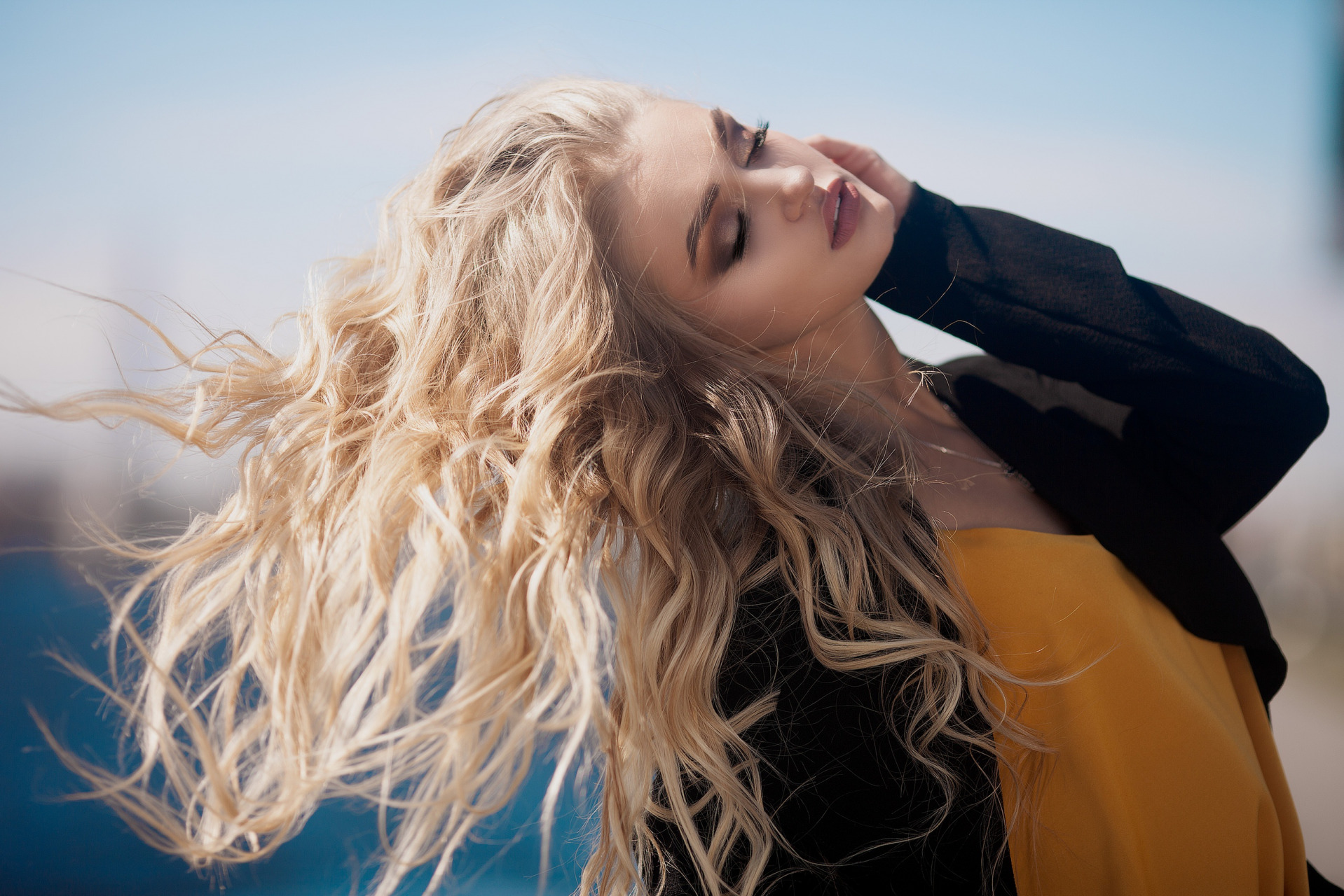 People 1918x1280 women photography touching face caressing open mouth wavy hair hair blowing in the wind closed eyes makeup model hair   blonde messy hair white hair