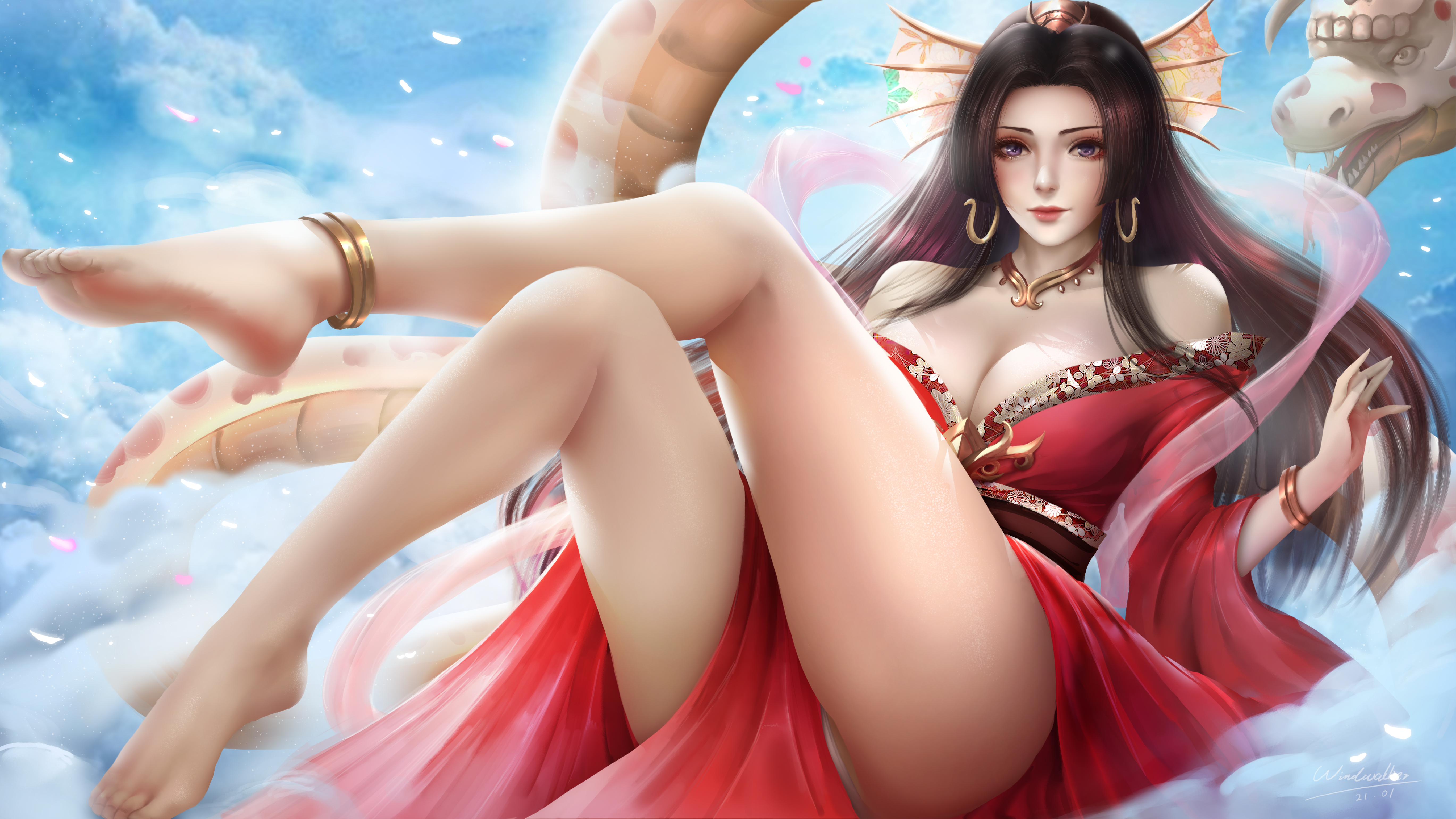 Anime 5476x3080 Boa Hancock One Piece anime anime girls kimono brunette long hair looking at viewer necklace cleavage bare shoulders thighs barefoot anklet legs crossed clouds fantasy girl 2D artwork drawing digital art illustration fan art Windwalker Ture pointed toes