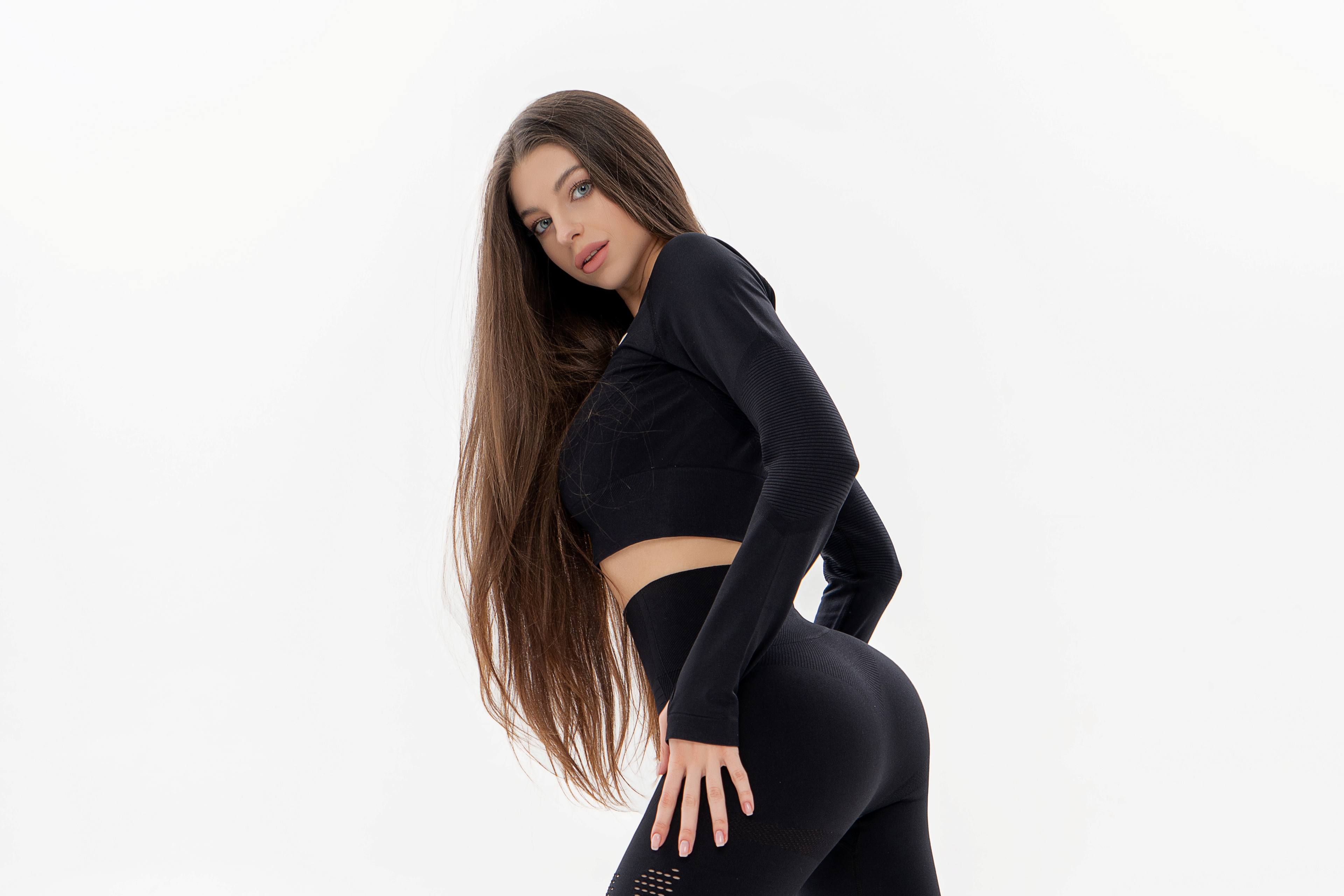 People 3840x2560 Anna Sazonova women model brunette long hair looking at viewer gray eyes parted lips black clothing sportswear black top leggings gym clothes white background simple background studio indoors women indoors ass straight hair open mouth tight clothing
