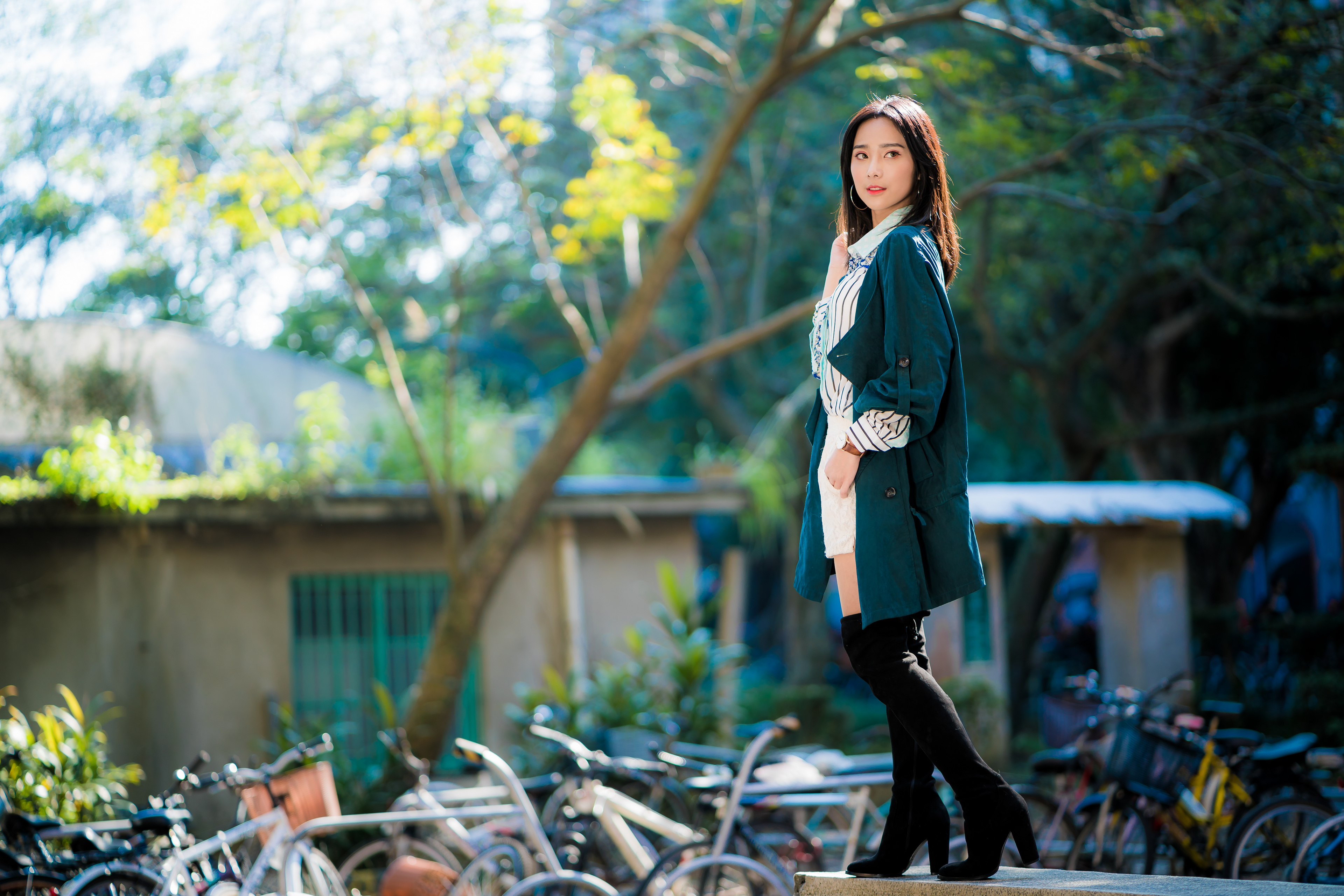 People 3840x2561 Asian model women long hair brunette knee-high boots depth of field bicycle building earring blouses coats white skirt wristwatch women outdoors boots