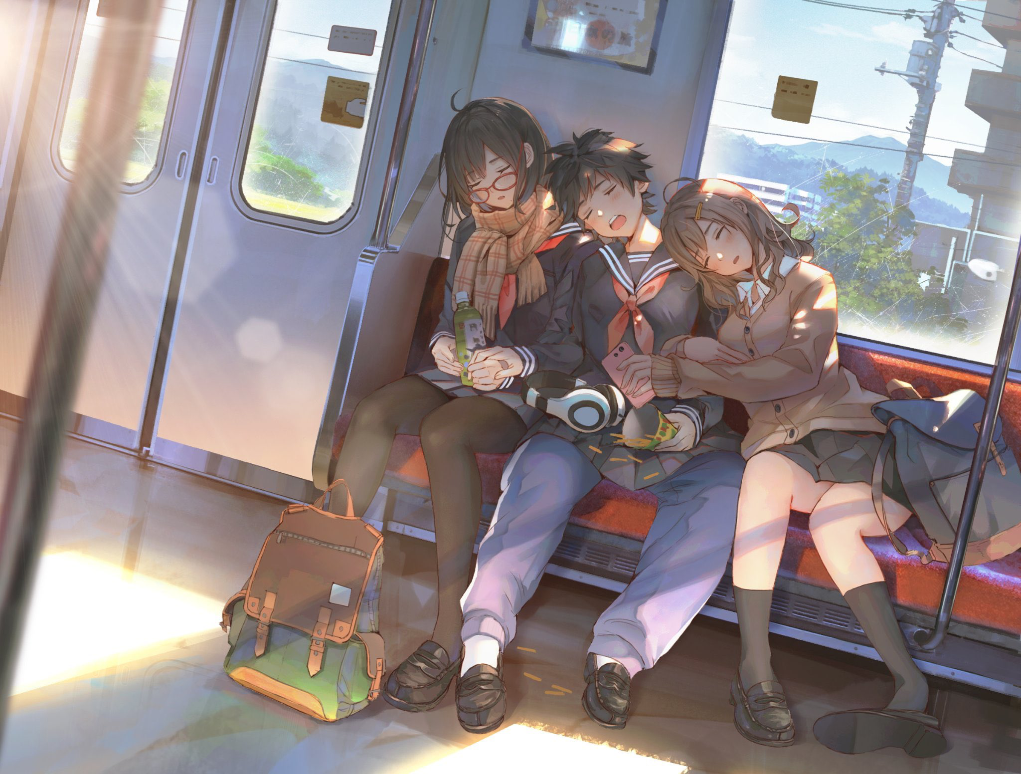Anime 2048x1552 anime anime girls original characters sleeping school uniform SHO train backpacks headphones glasses scarf smartphone