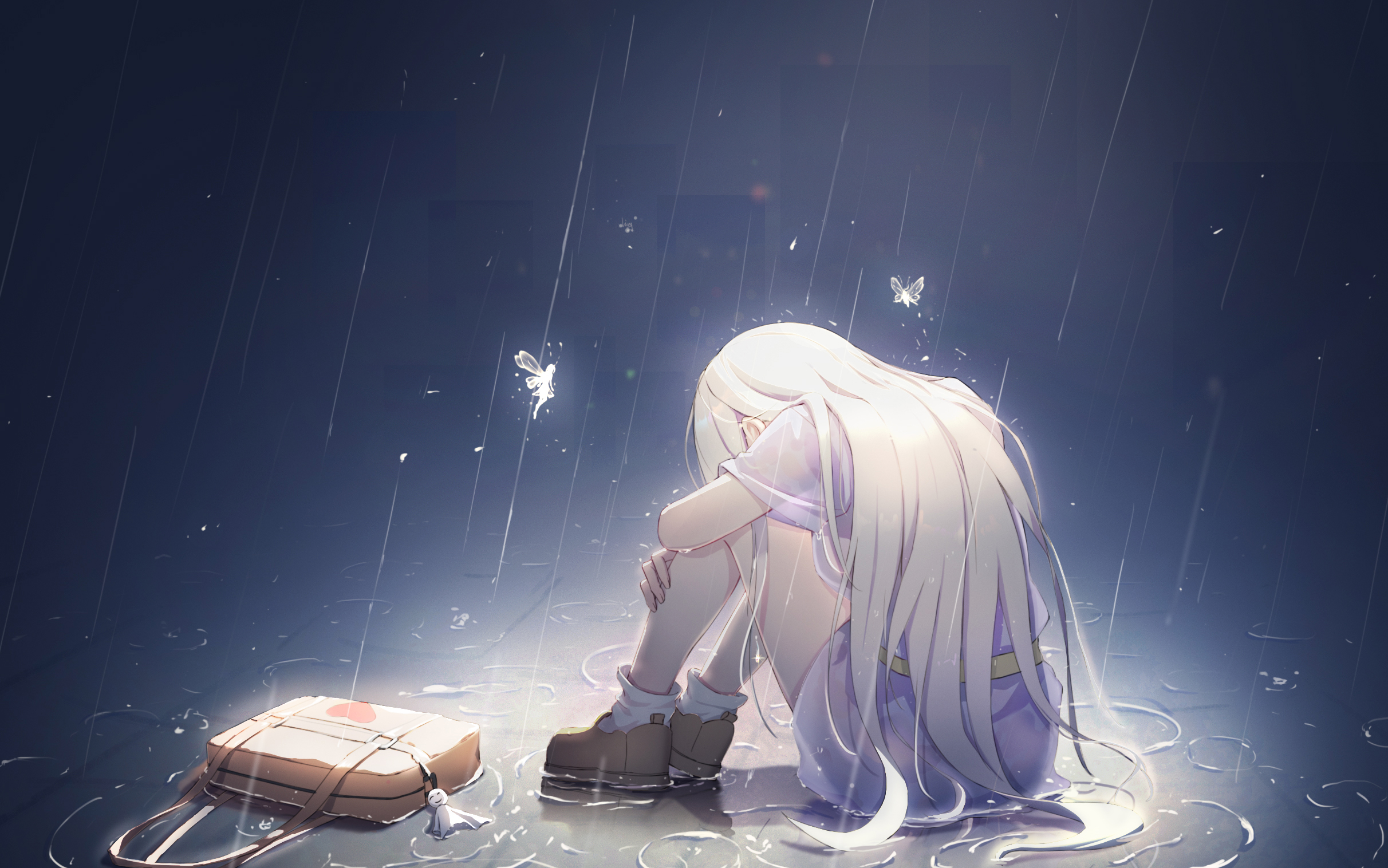 Anime 2424x1516 anime anime girls long hair rain blonde bag city lights fairies shoes holding knees
