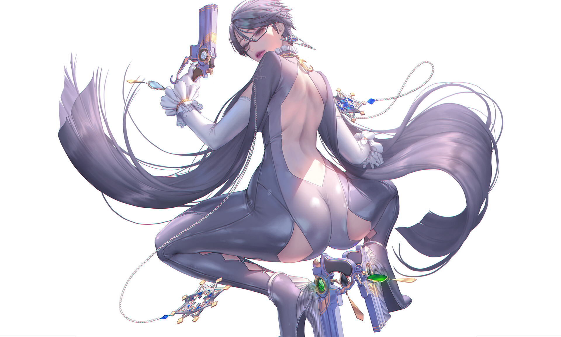 Anime 1920x1152 Lovecacao drawing women Bayonetta bodysuit ass weapon pistol gun squatting white background glutes