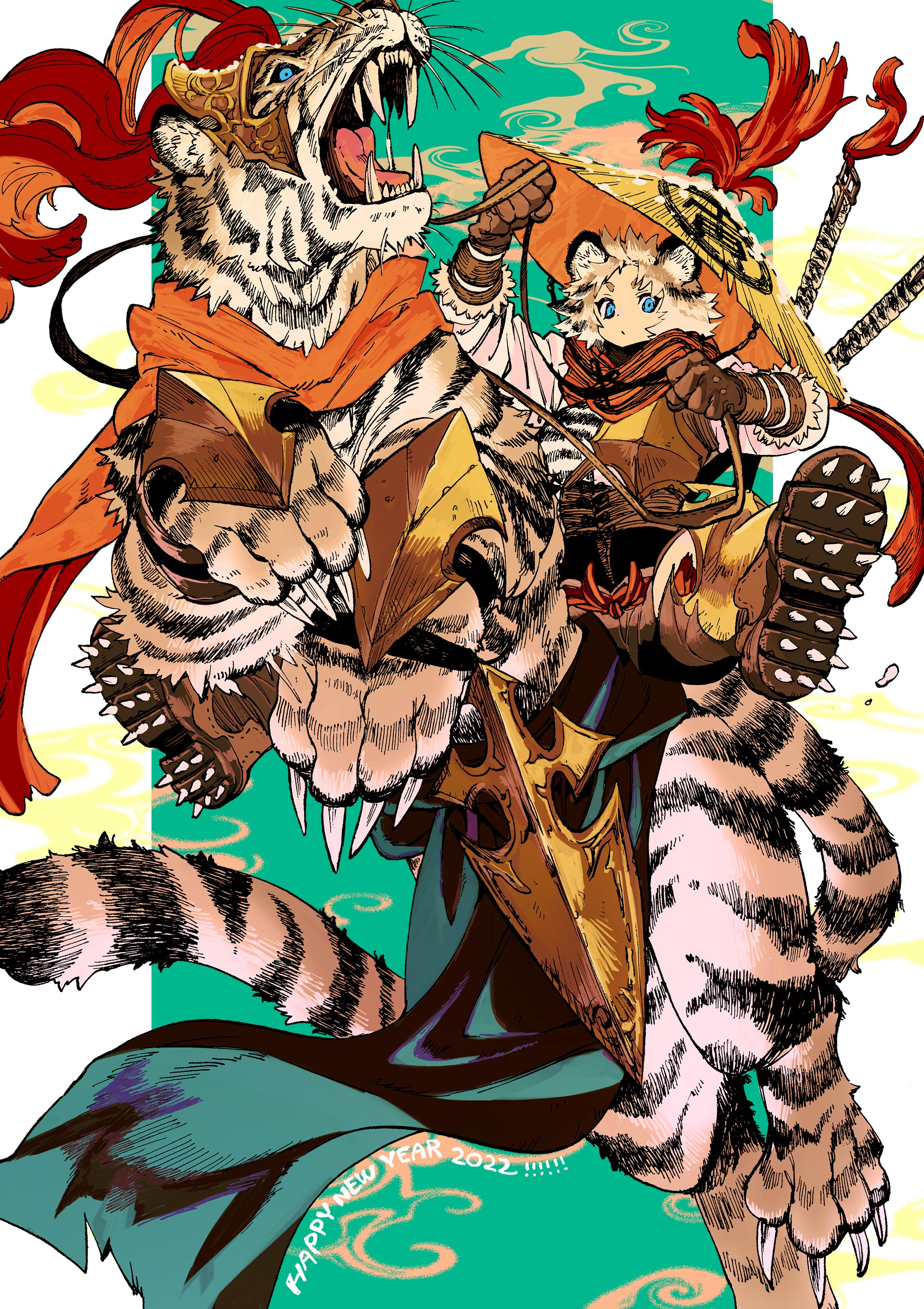 Anime 1976x2799 tiger bamboo hat anime girls cat girl