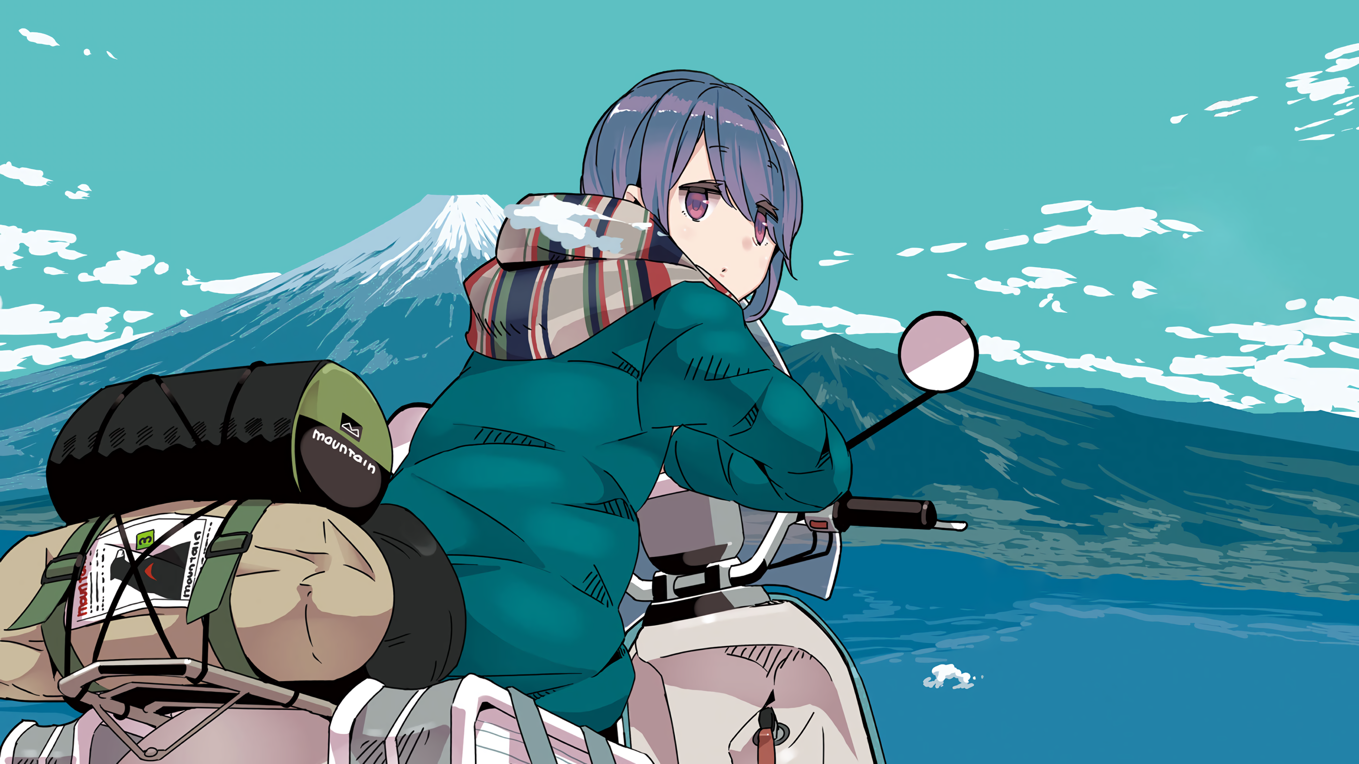 Anime 2791x1570 Rin Shima Yuru Camp scooters scarf luggage tent clouds anime anime girls