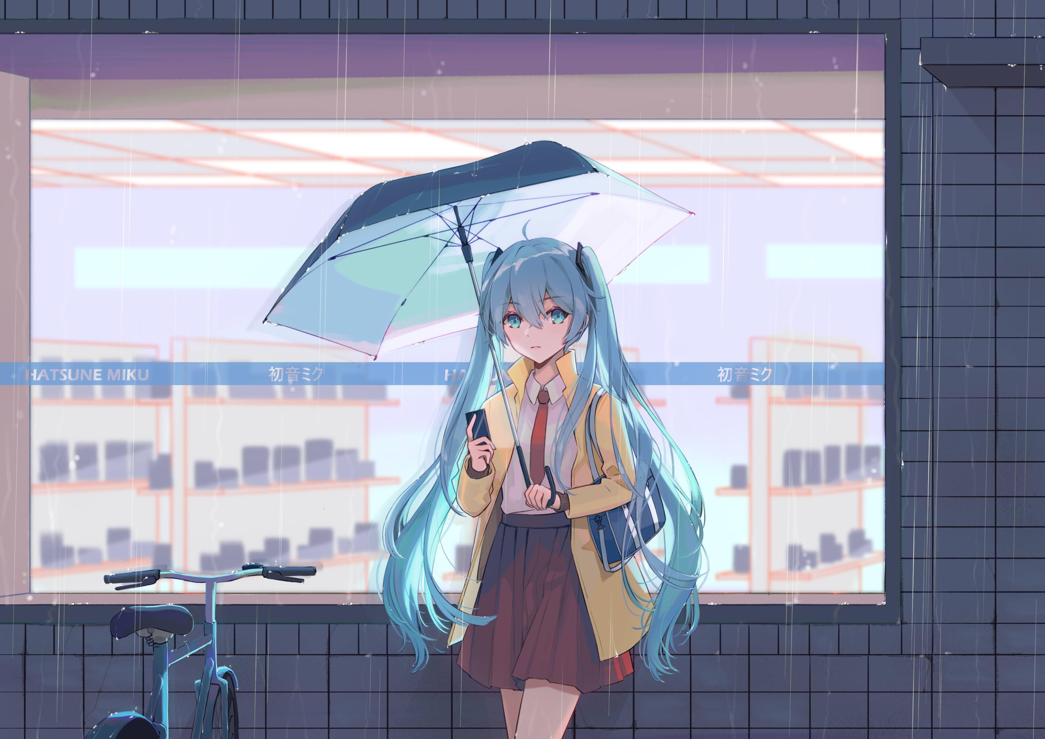Anime 3508x2480 anime anime girls Hatsune Miku Vocaloid umbrella rain school uniform anime boys