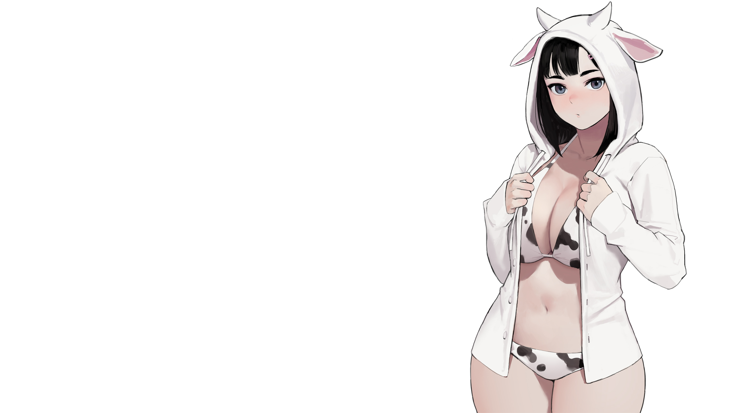 Anime 2560x1440 anime anime girls simple background blushing cowkinis swimwear white swimsuit bikini cow girl thighs cleavage Dongho Kang