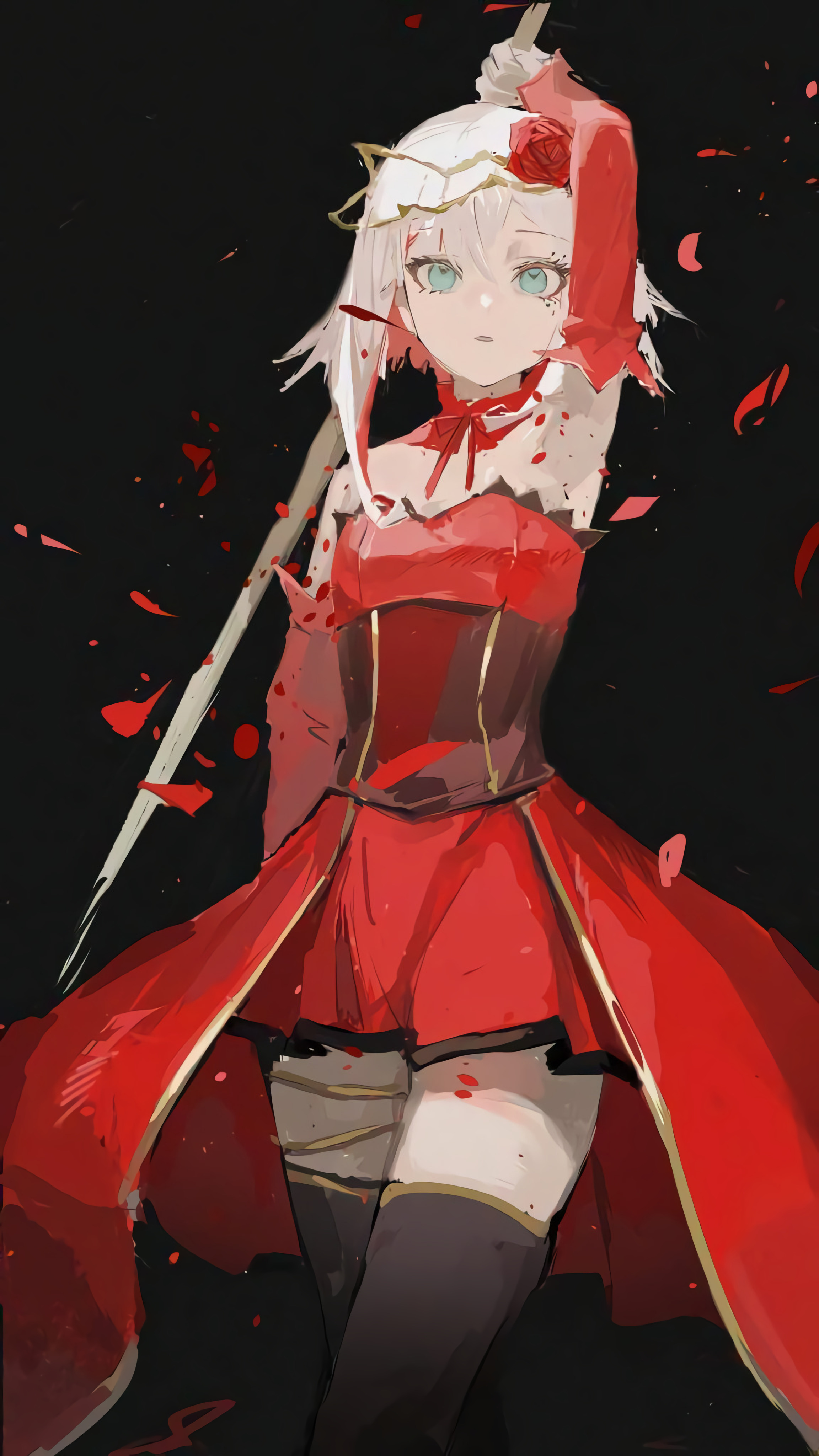 Anime 2304x4096 Takt Op. Destiny anime black background dress red dress portrait display anime girls white hair looking at viewer armpits hair between eyes petals tailcoat minimalism thighs simple background one arm up weapon women with swords sword