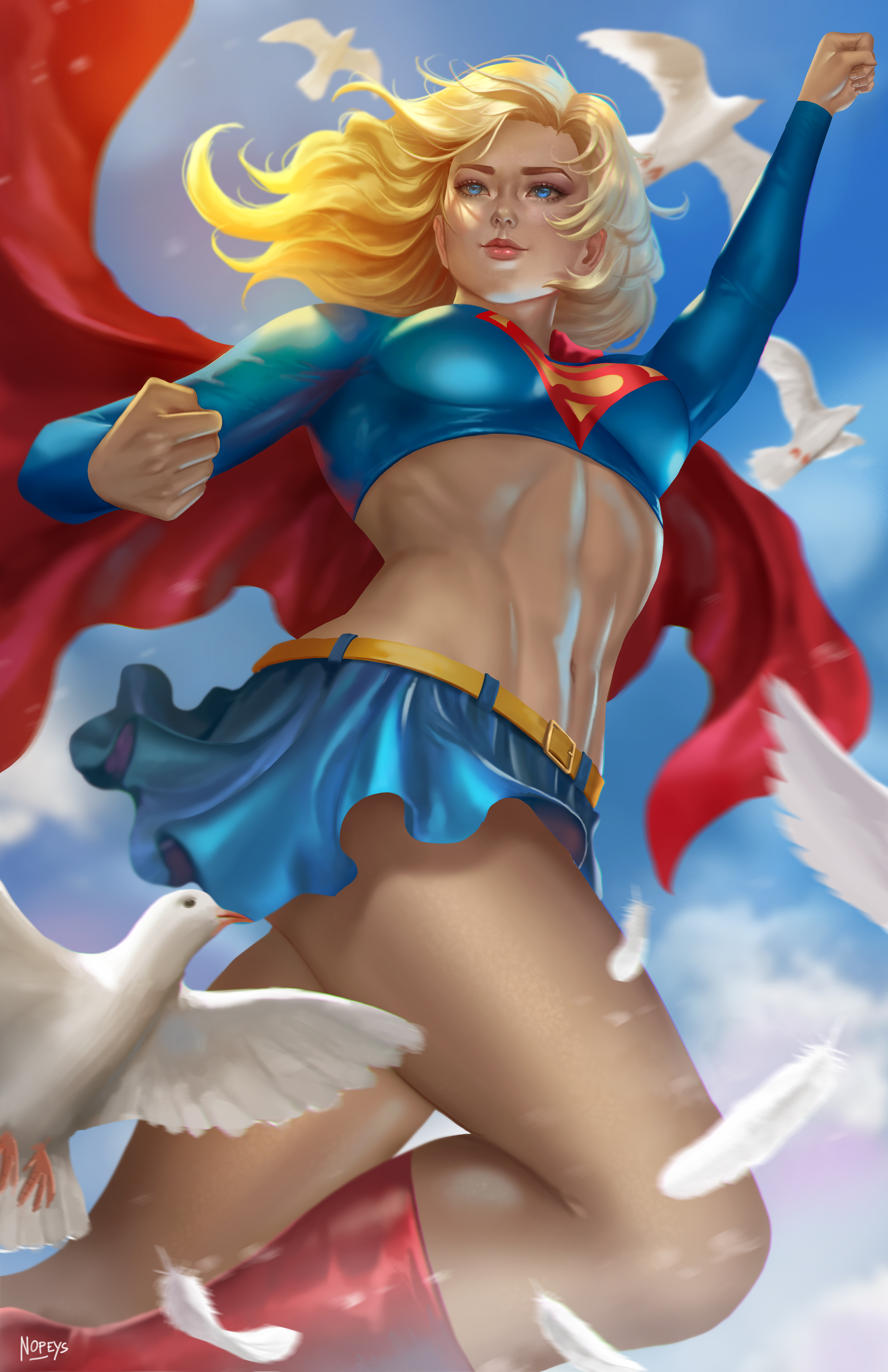 General 3300x5100 Supergirl DC Comics superheroines blonde blue eyes costumes blue tops miniskirt cape sky 2D artwork drawing fan art Nopeys digital art portrait display watermarked