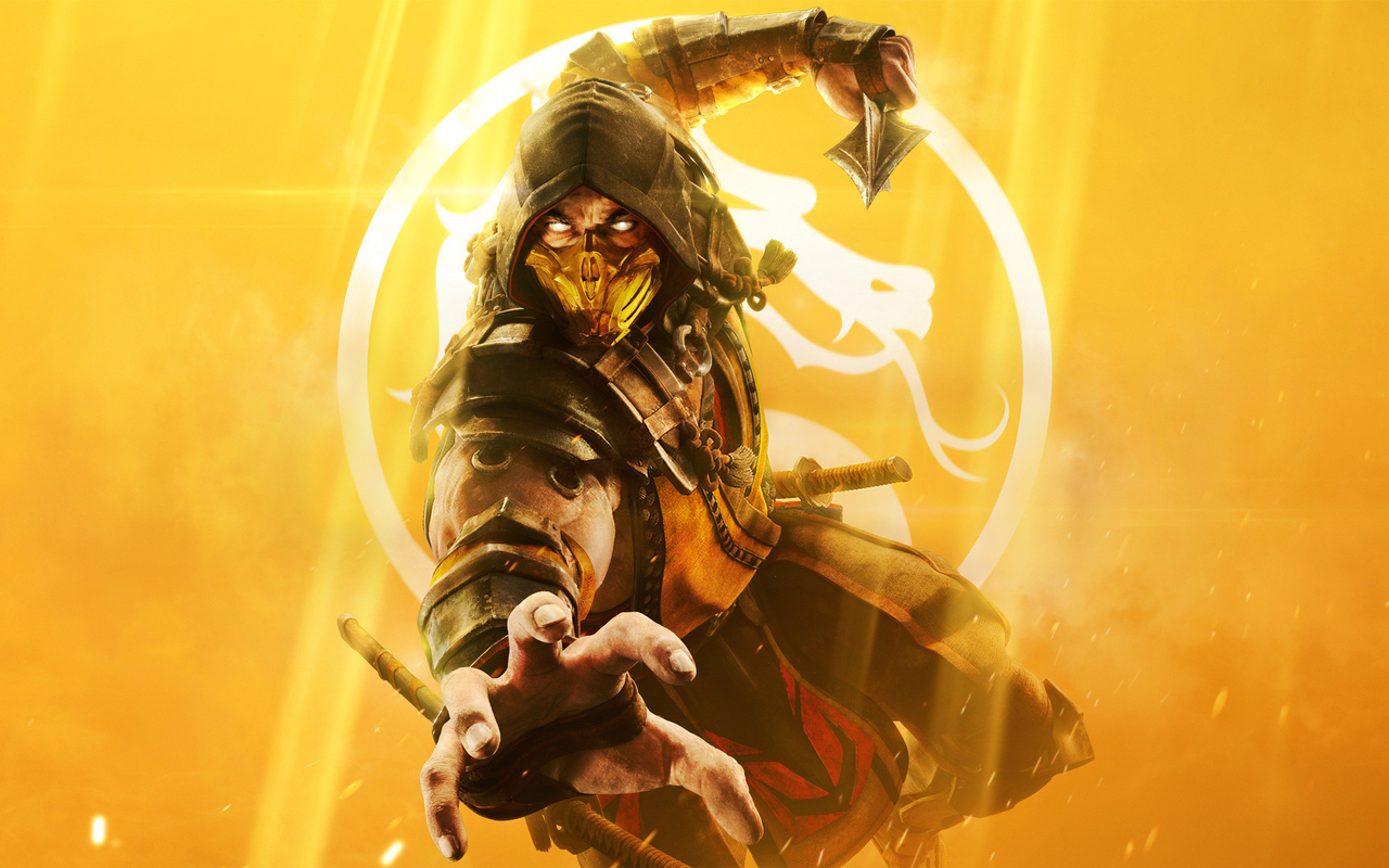 General 1280x800 Mortal Kombat Mortal Kombat II Scorpion (Mortal Kombat) video game characters video game men video game art video games yellow background gradient mask