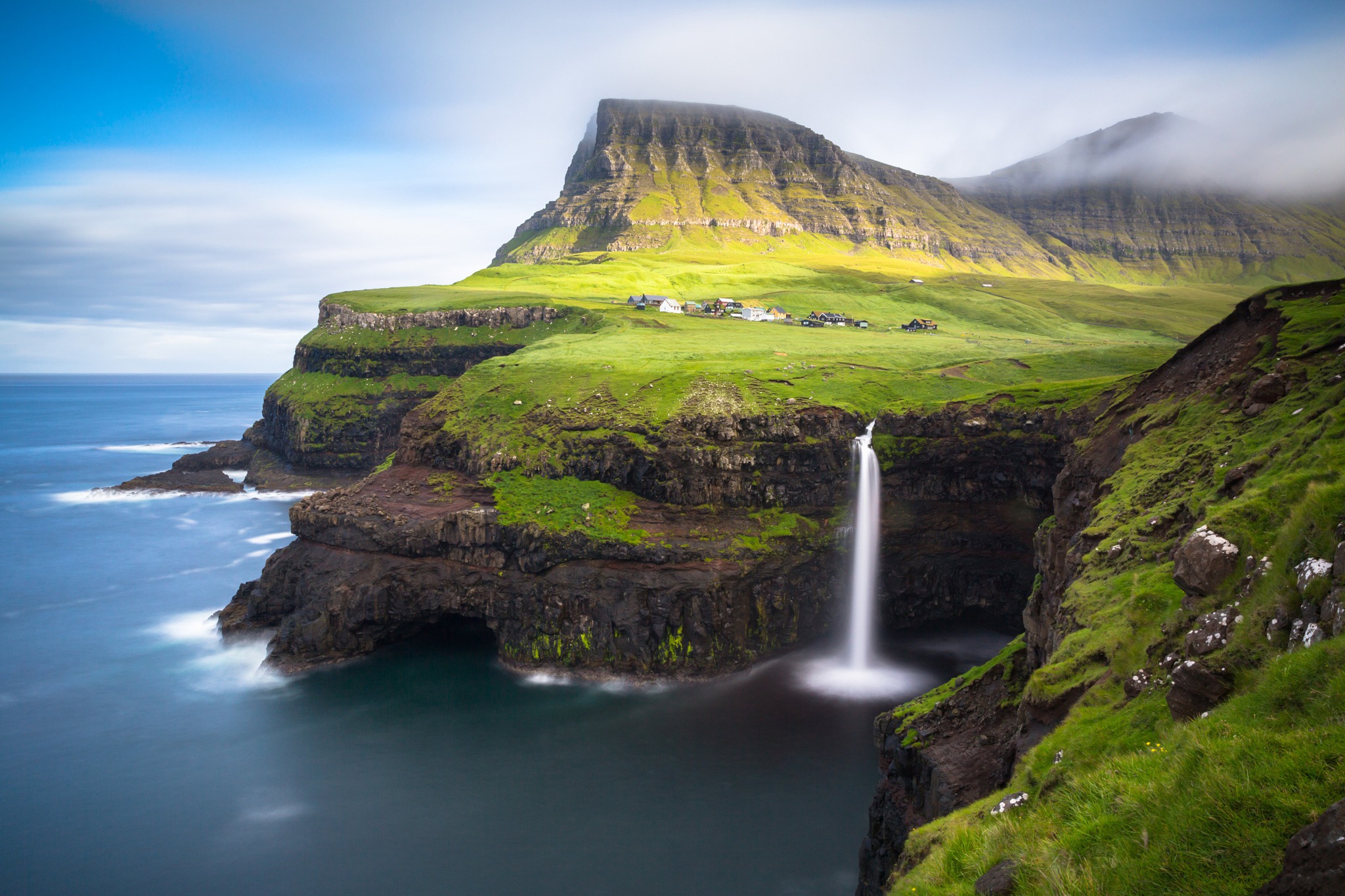 General 2048x1365 coast nature cliff sea landscape waterfall Faroe Islands rocks village