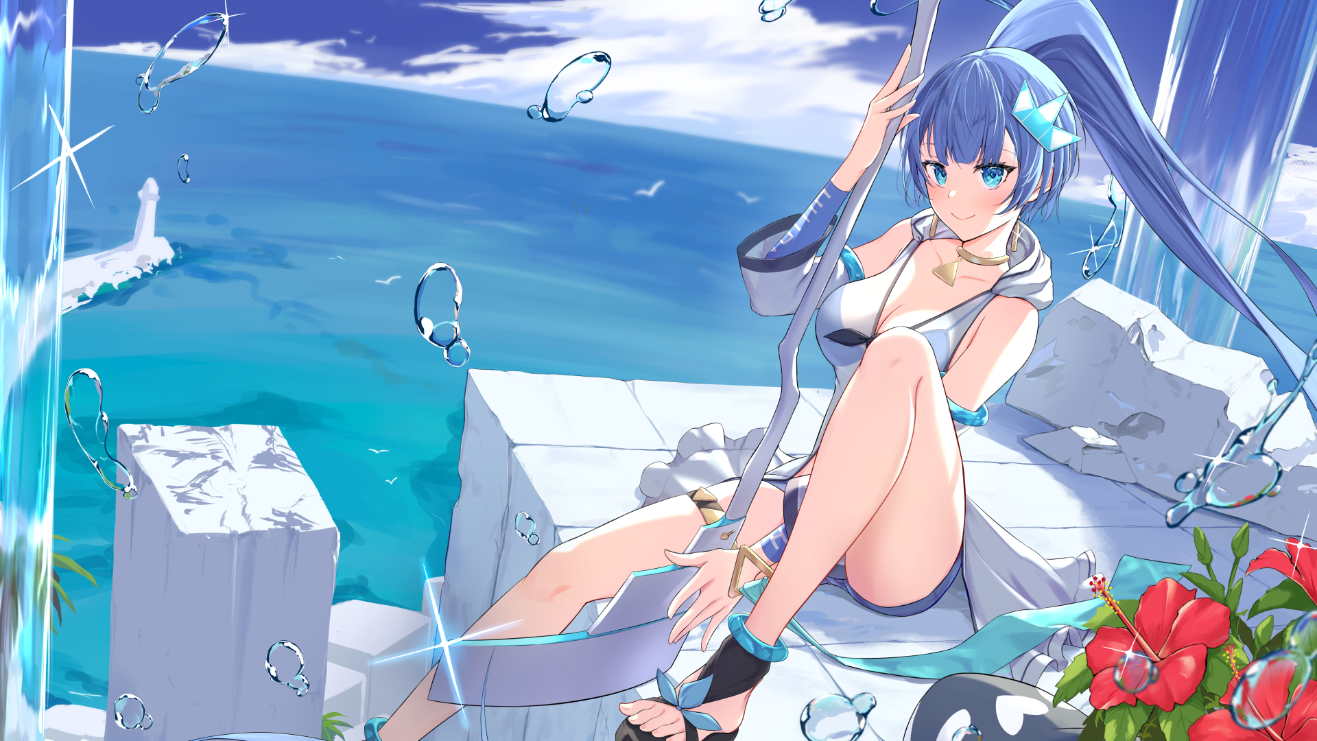 Anime 1920x1080 anime anime girls Cocoablue23 artwork vacation ponytail blue hair blue eyes smiling bikini sitting hibiscus water drops clouds