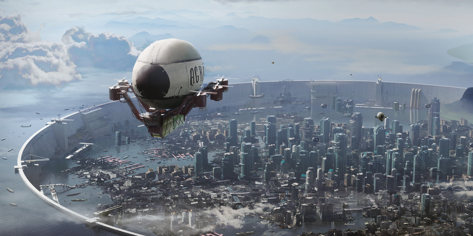 General 1920x960 wall skyscape skyscraper futuristic global warming clouds airships ship container ship town sea aerial view futuristic city Bangkok Julien Gauthier Futurism