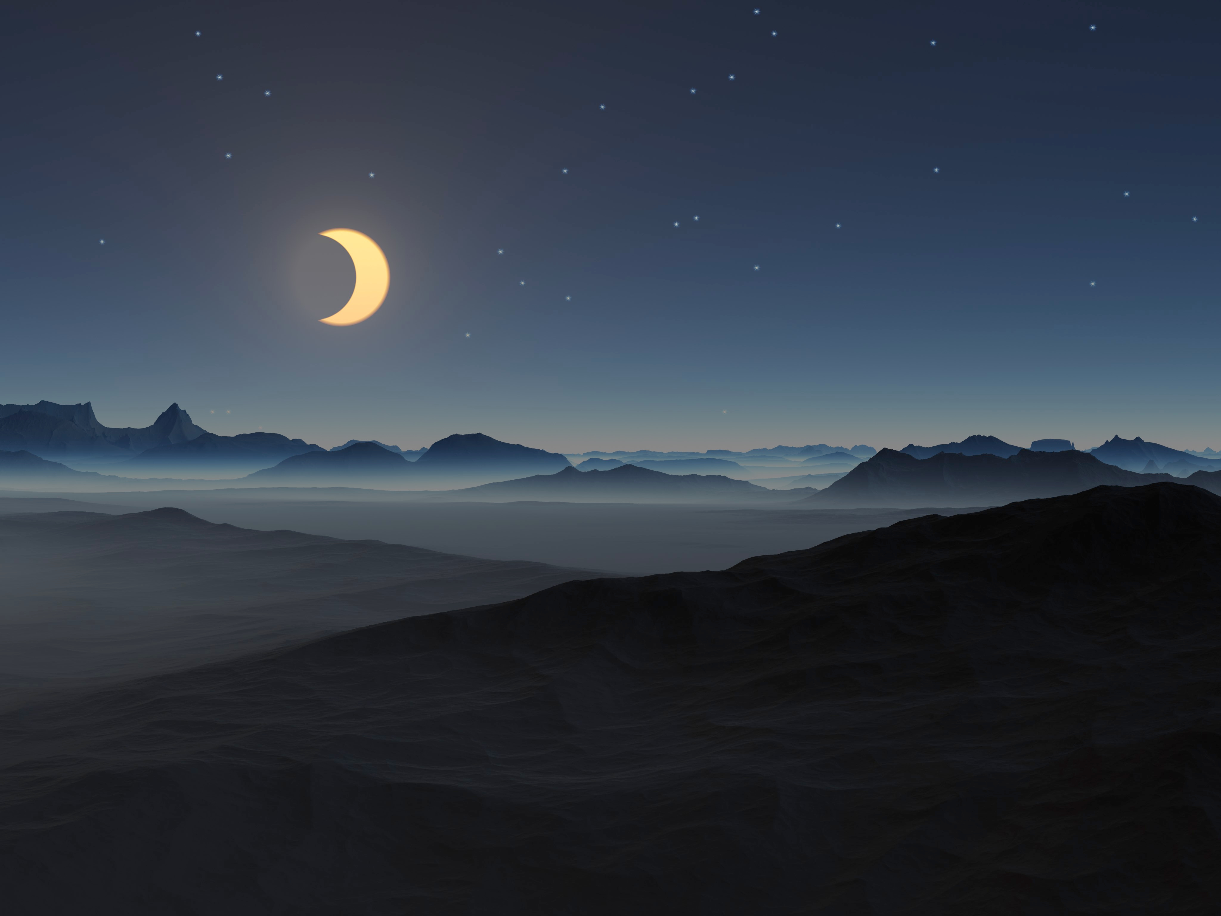 General 4096x3072 CGI mountains mist stars sky night dark crescent moon nature landscape Moon rocks desert