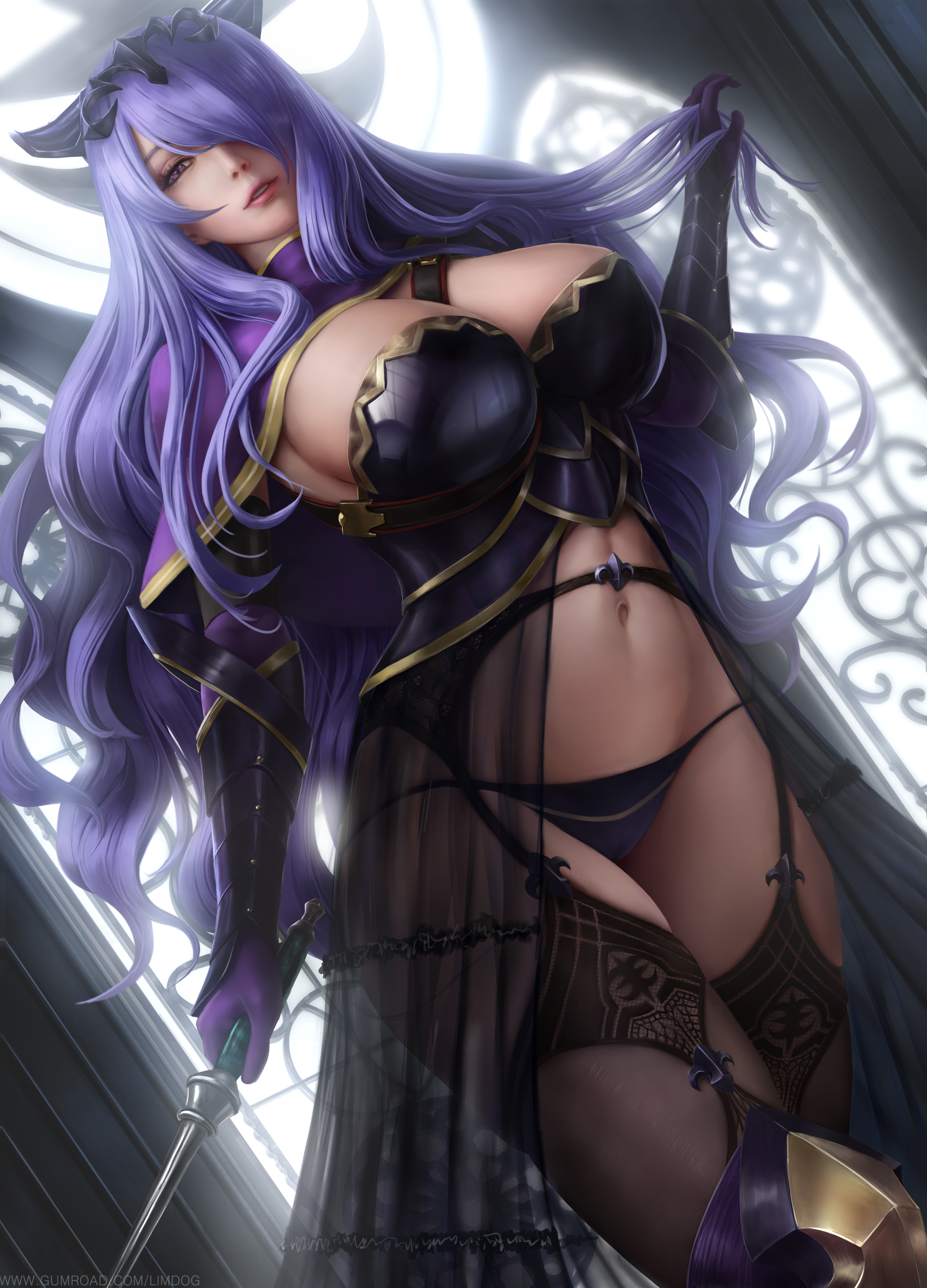 Anime 3500x4861 Camilla (Fire Emblem) Fire Emblem video games video game girls looking at viewer parted lips curvy armor cleavage lingerie underwear garter belt stockings black stockings garter straps thick thigh panties 2D artwork drawing illustration fan art limgae big boobs