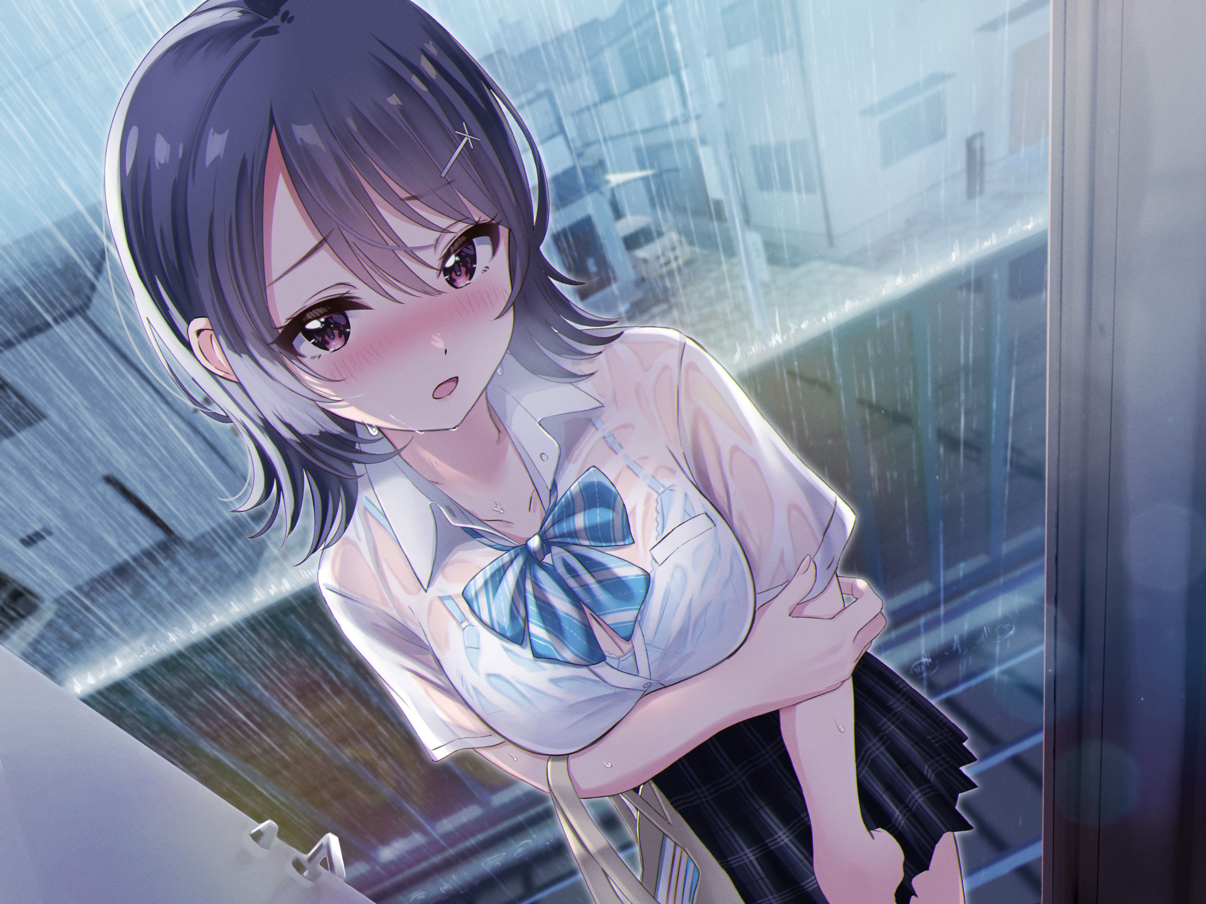 Anime 4000x3000 anime anime girls Shiokazunoko artwork rain wet clothing see-through clothing blushing dark hair