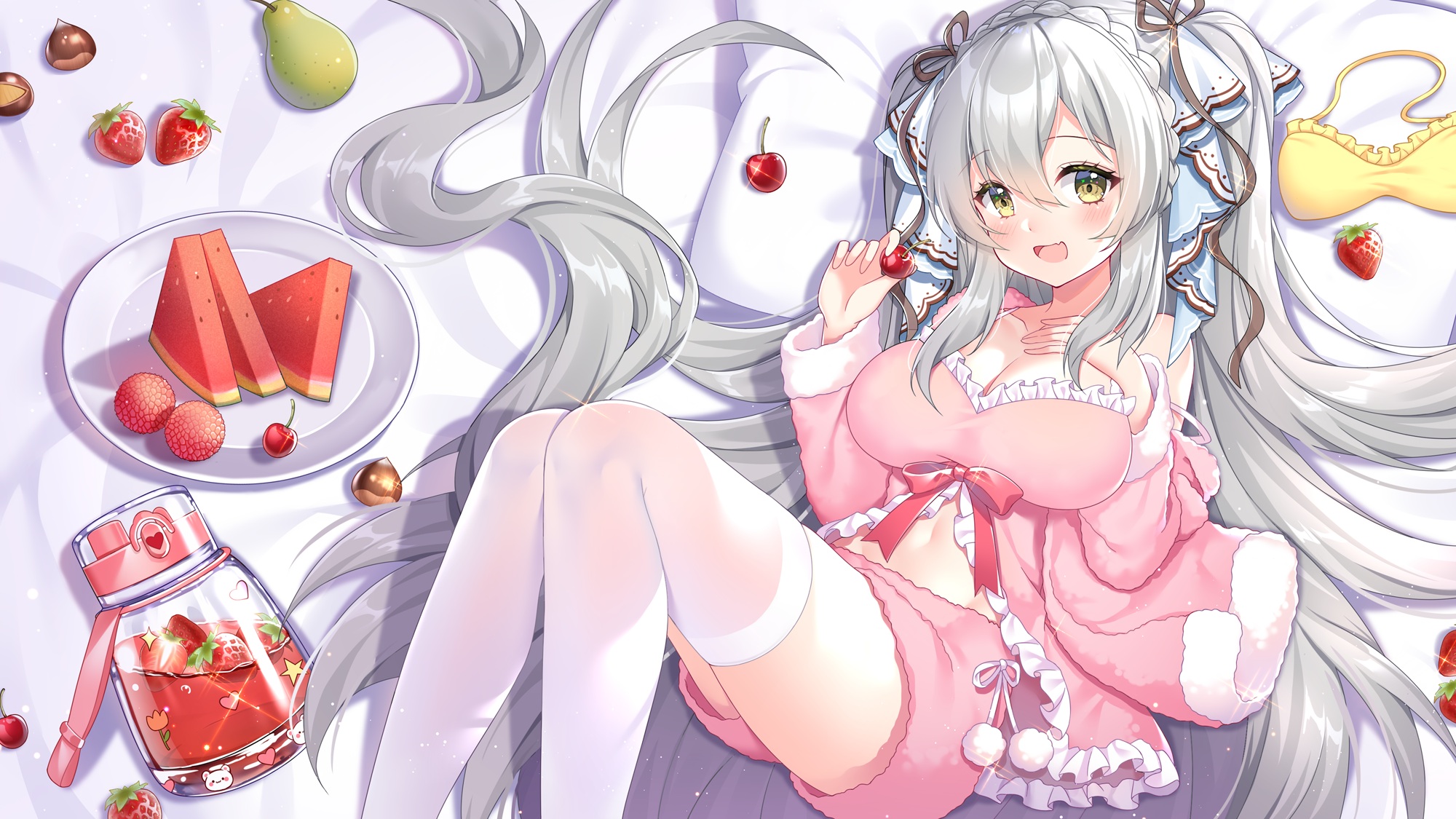 Anime 2000x1125 anime anime girls knees together food fruit strawberries watermelons nuts cherries big boobs yellow eyes long hair silver hair pyjamas thigh-highs in bed artwork Ogino-M looking at viewer