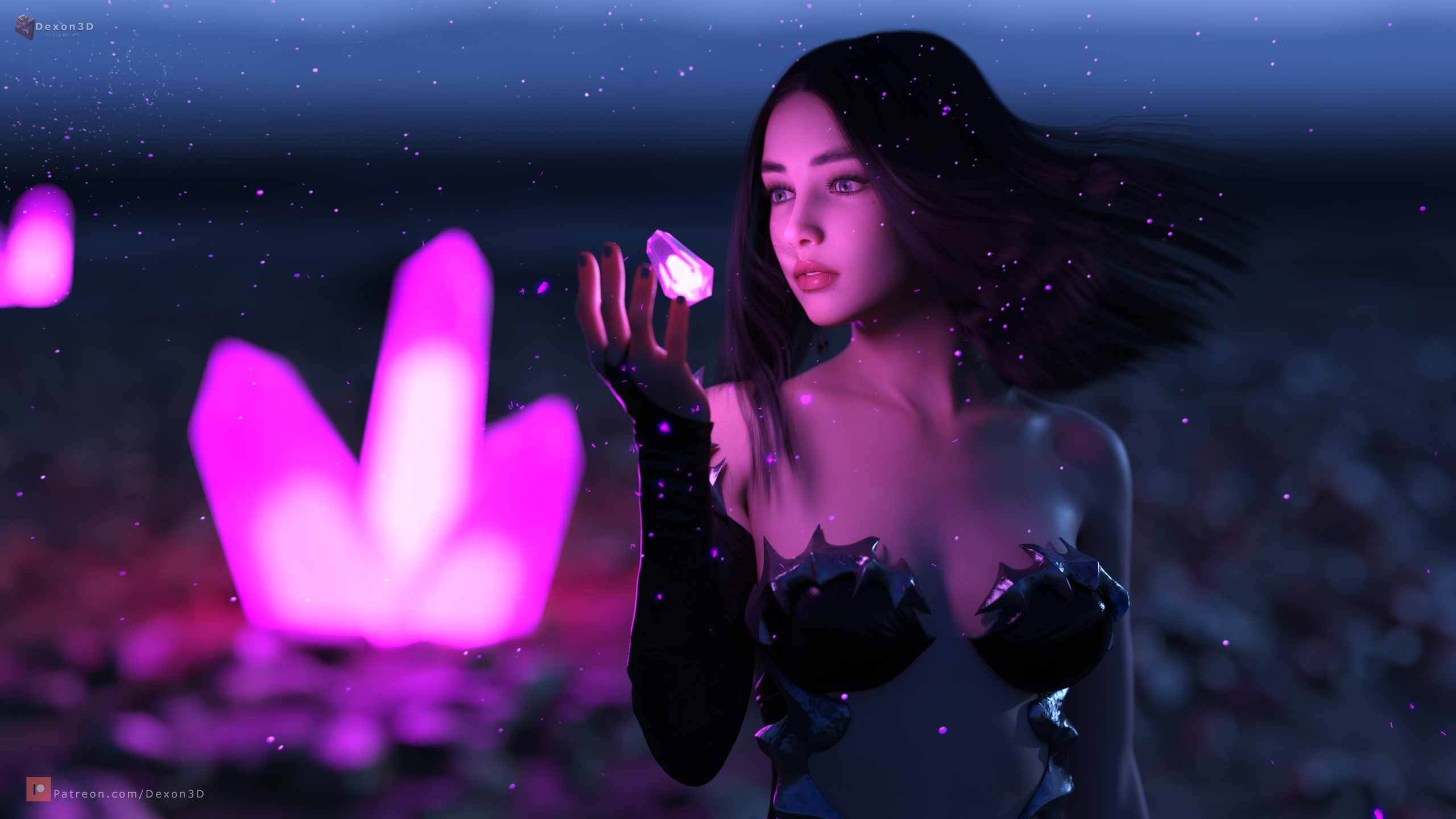 General 2560x1440 Dexon3D CGI women dark hair wind armor fantasy art crystal  pink fantasy girl violet clothing